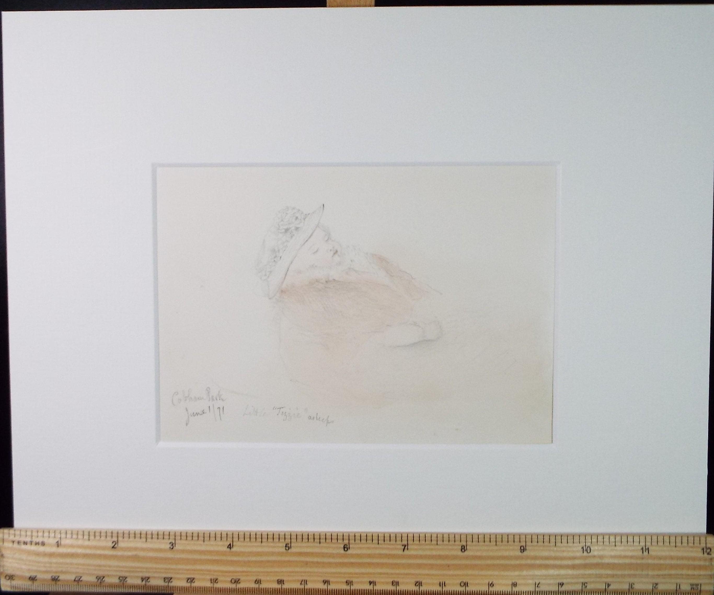 Original Pencil Drawing 'Little 'Tizzie' asleep, Dated 1870, William Brenchley Rye (1818-1901)