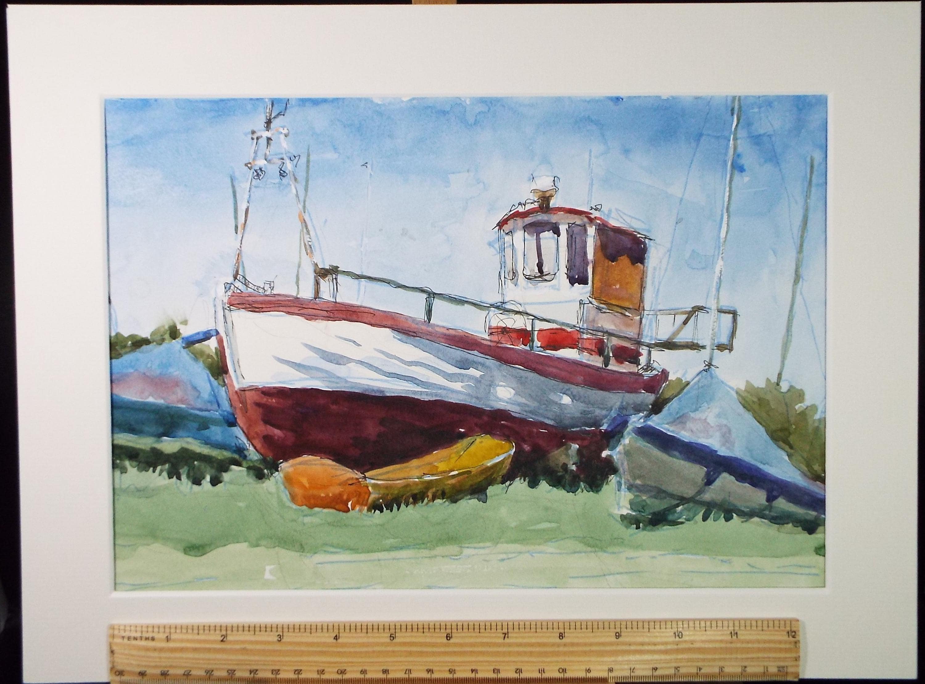 Original watercolour & Ink, 'fishing boat' Painting by Pauline Plummer (b1933), 1990s