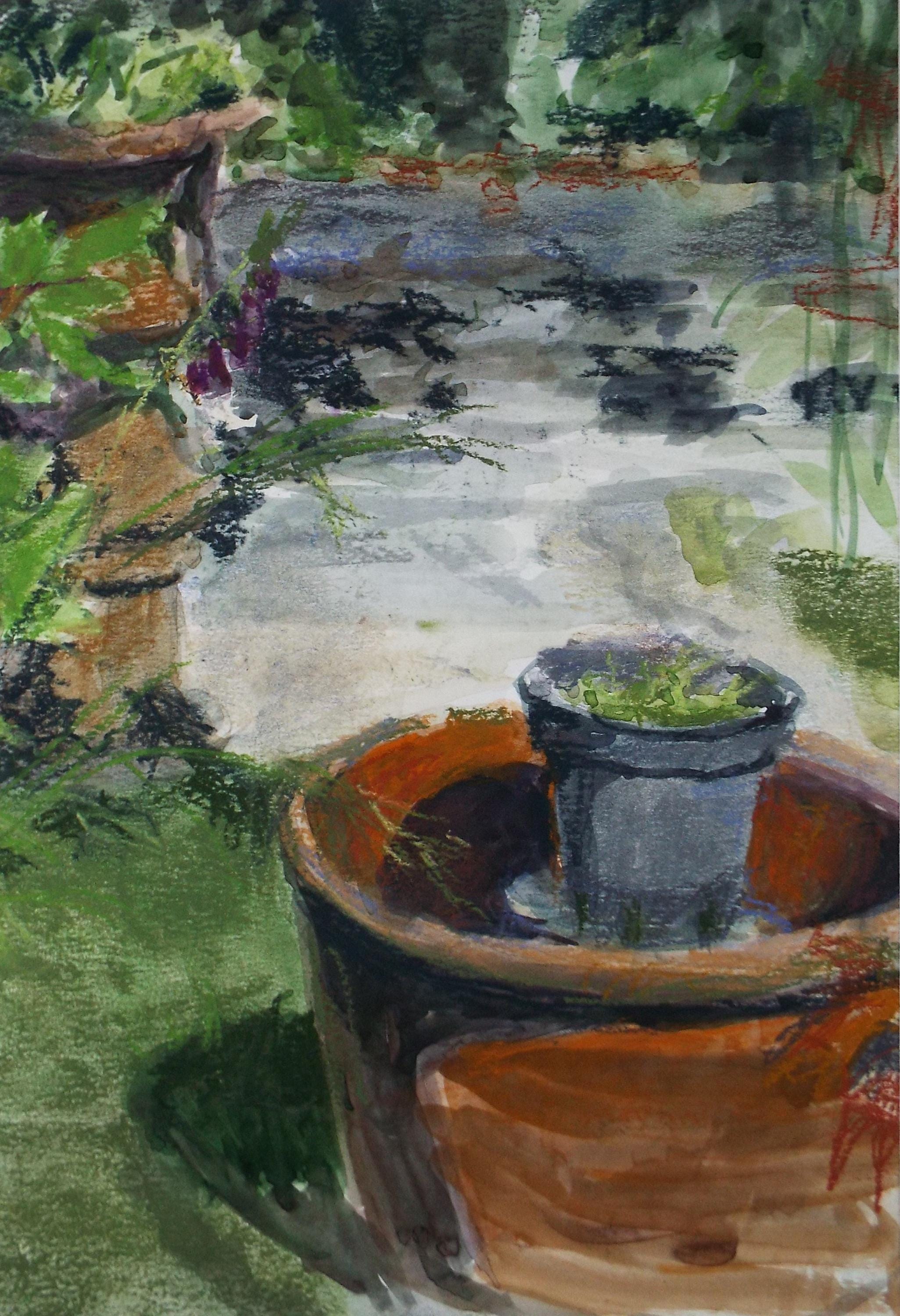 Original watercolour & Pastel, 'Pots in the Garden', Pauline Plummer (b1933), 1990s