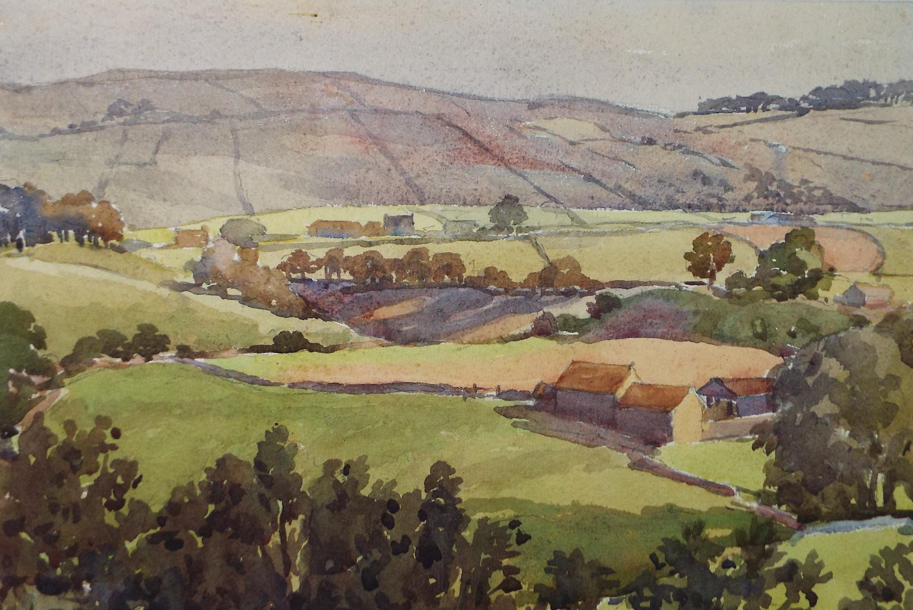 Original Watercolour 'Green Landscape with farm buildings', Circa 1950's, Richard A Siddall