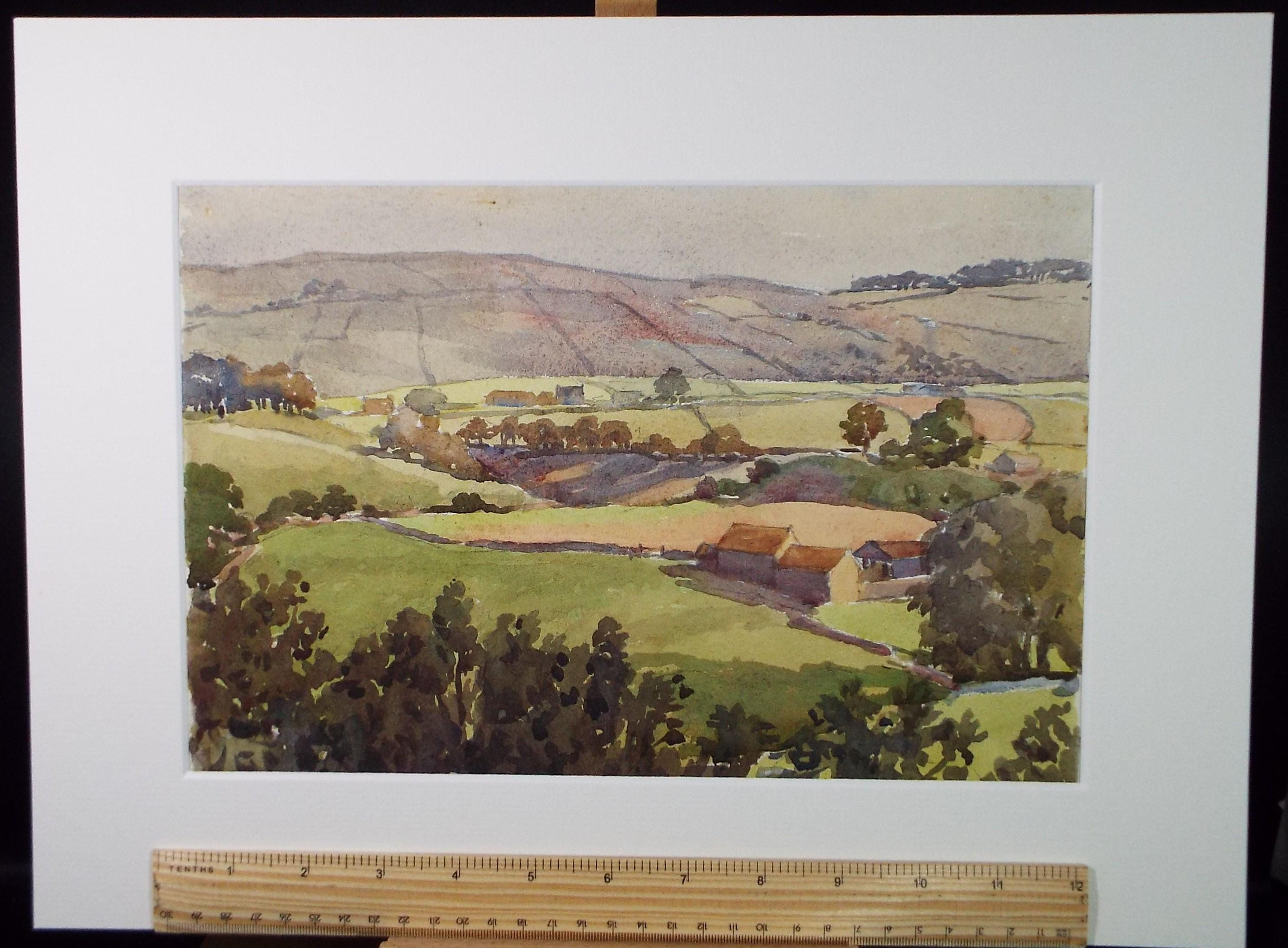 Original Watercolour 'Green Landscape with farm buildings', Circa 1950's, Richard A Siddall