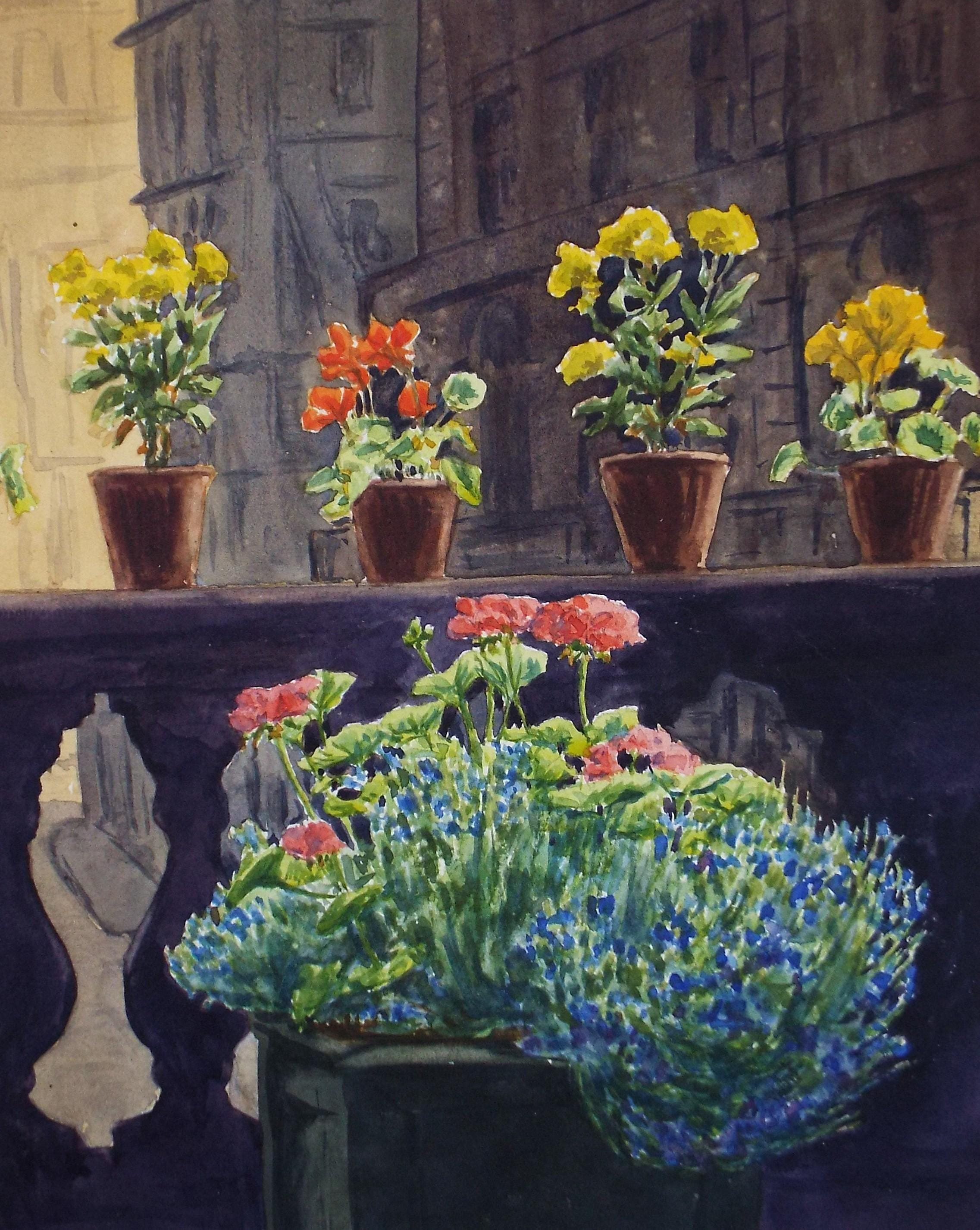 Original Watercolour, 'Vase on a Balcony', Circa 1950's