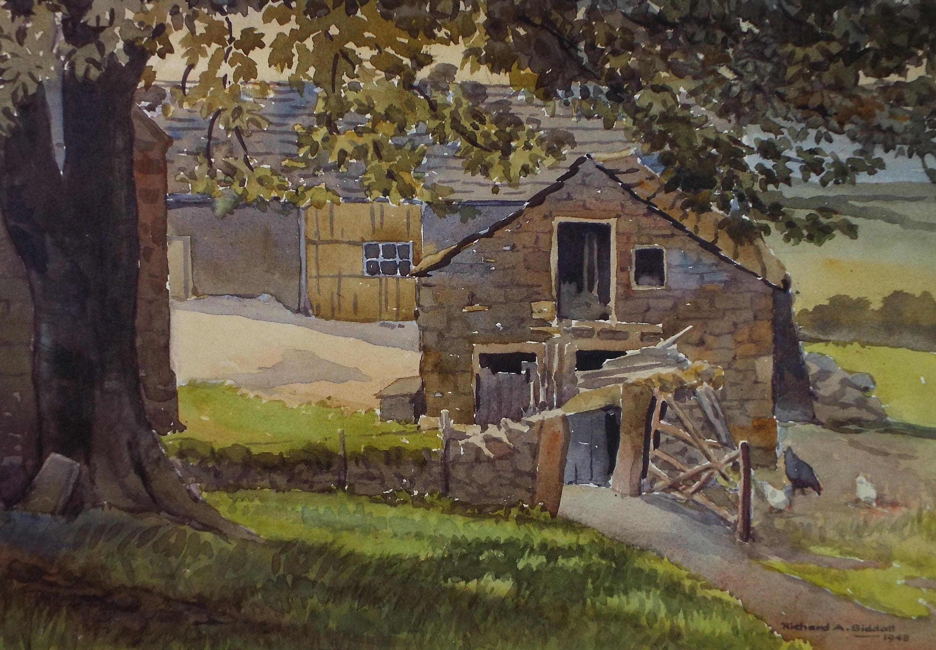 Original Watercolour, 'Farm Buildings', Richard A Siddall, Dated 1948