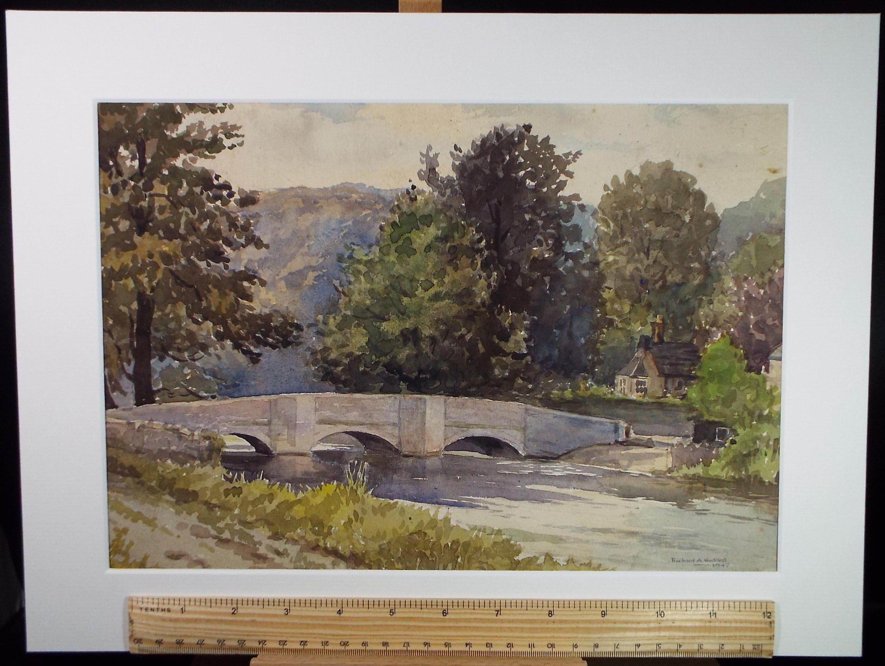 Original Watercolour, 'Stone Bridge over the River', Richard A Siddall, Dated 1947