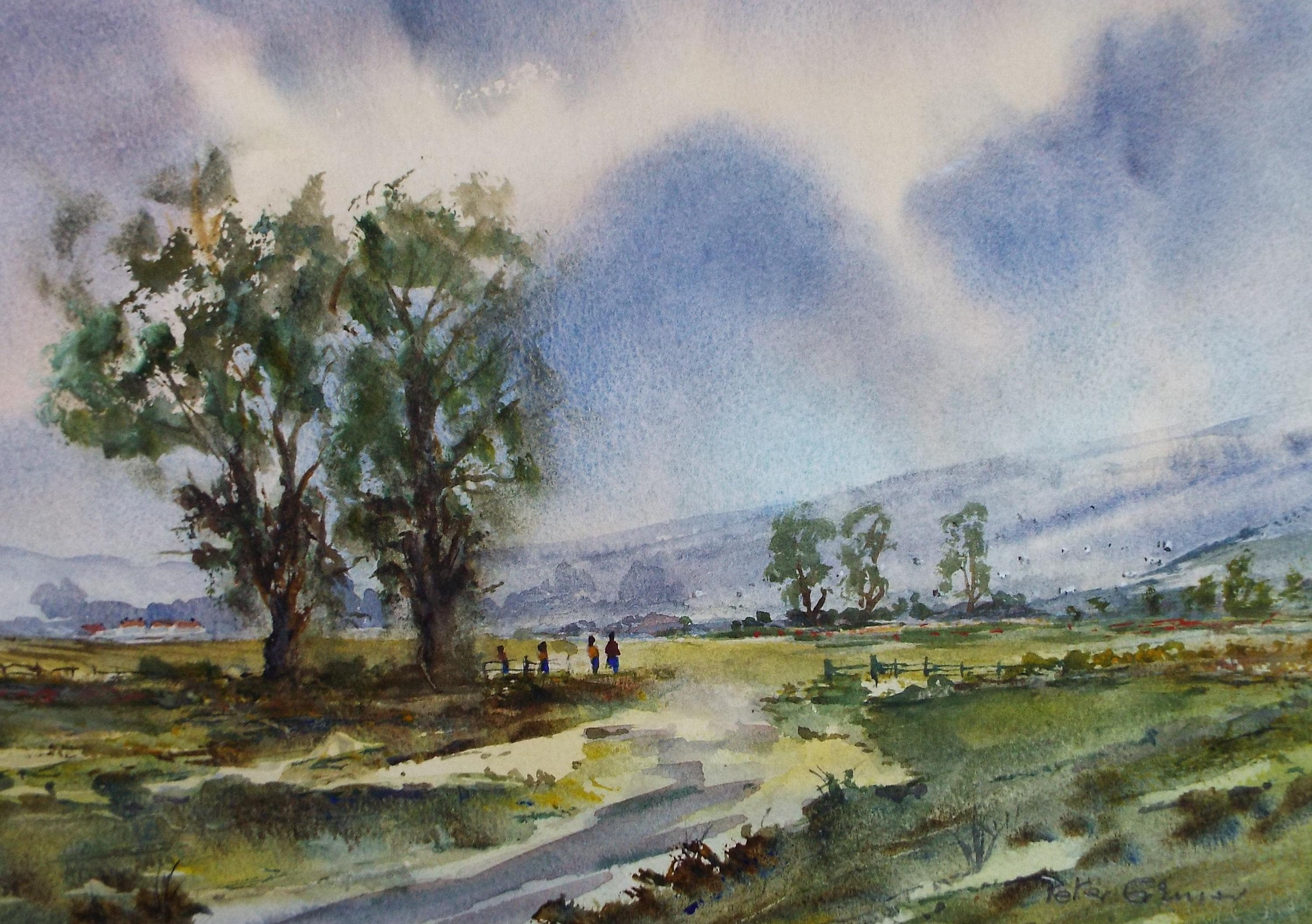Original Watercolour, 'Green Landscape with figures', Peter Grimer, Dated 2005