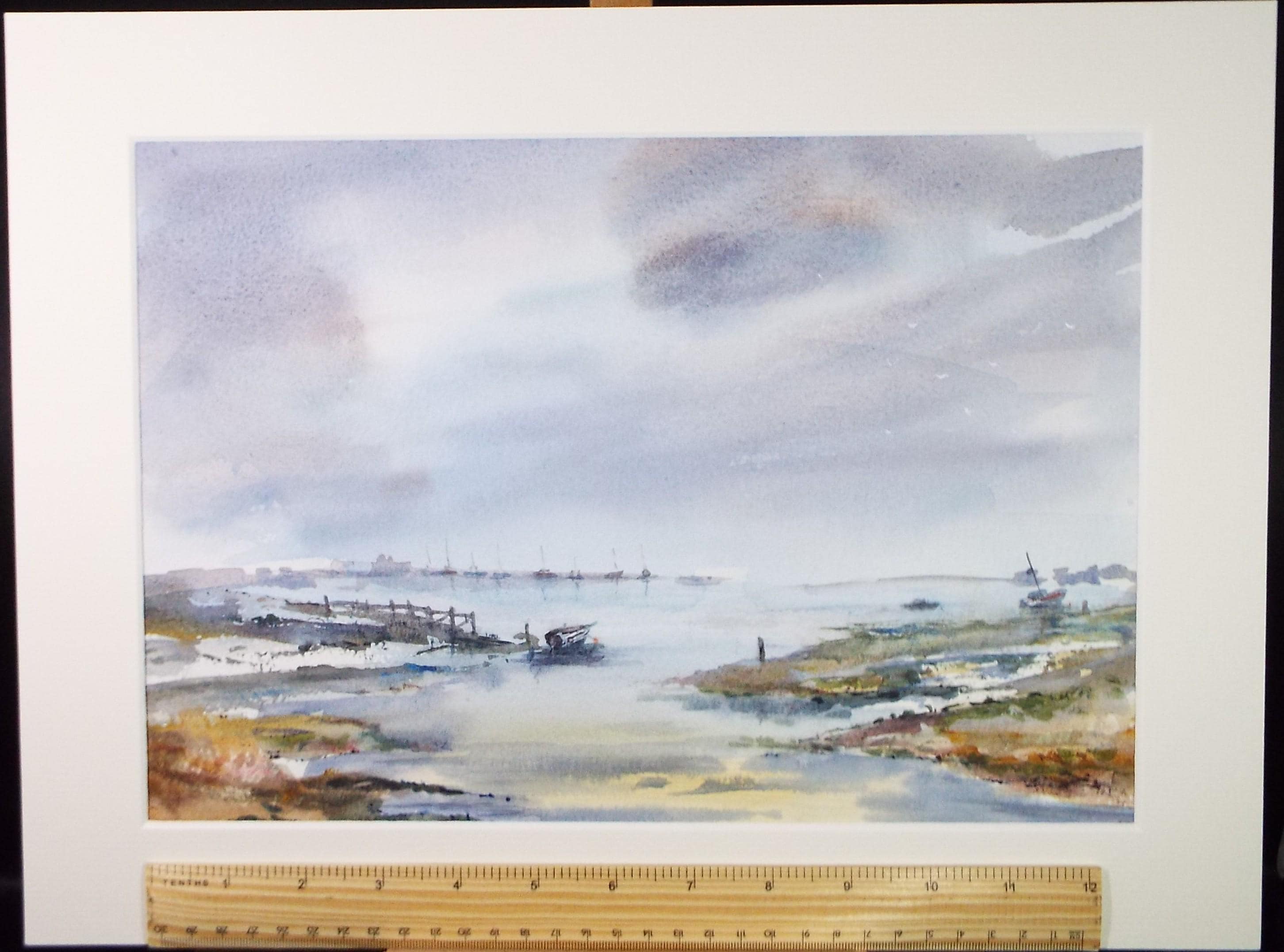 Original Watercolour, 'Coast with moored boats', Peter Grimer, Dated 2000
