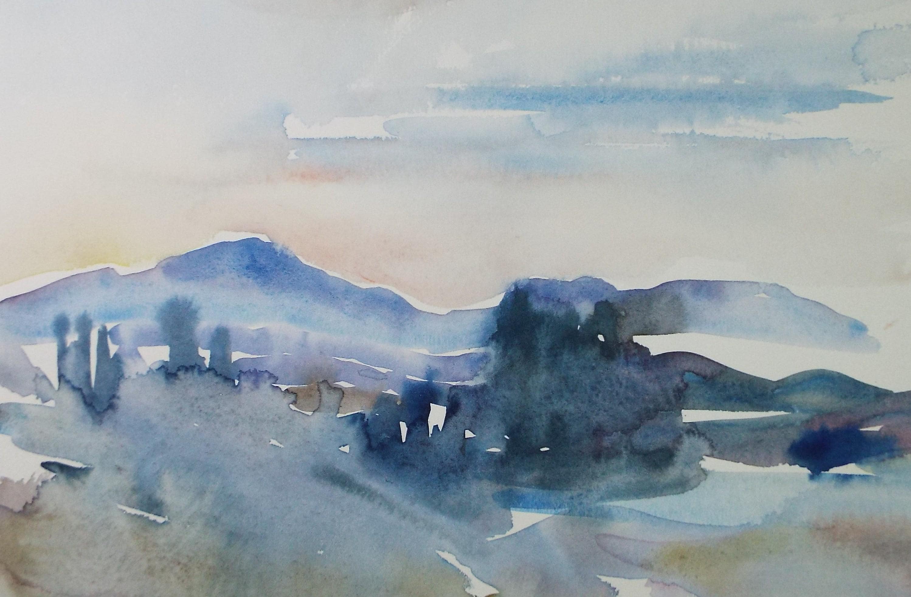 Original Watercolour on Paper, 'Blue Landscape', Circa 1970's, Mildred Lockyer