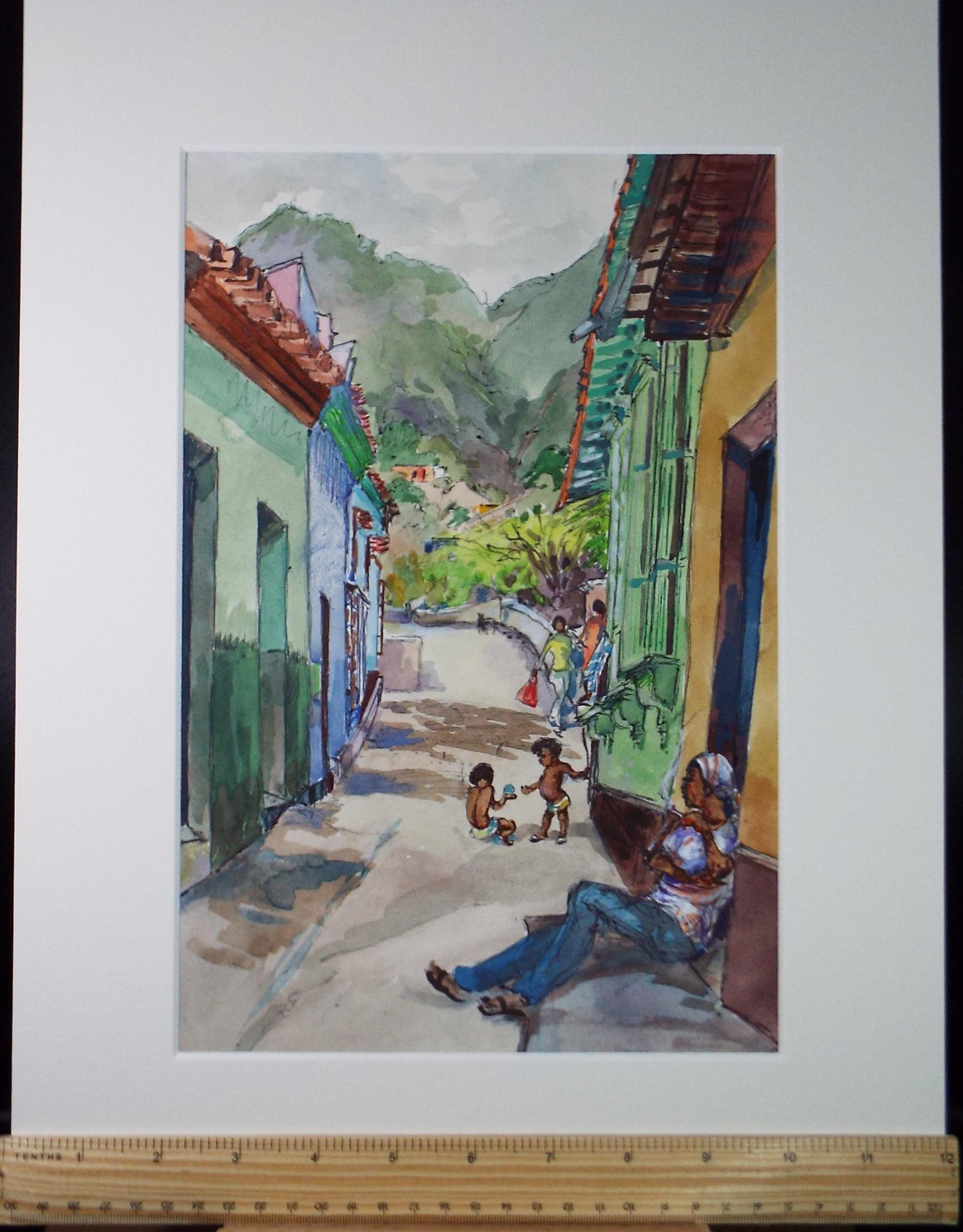 Original Watercolour, 'South American Street scene with figures', Circa 1950's, Ivy T. Attwell (1895-1985)