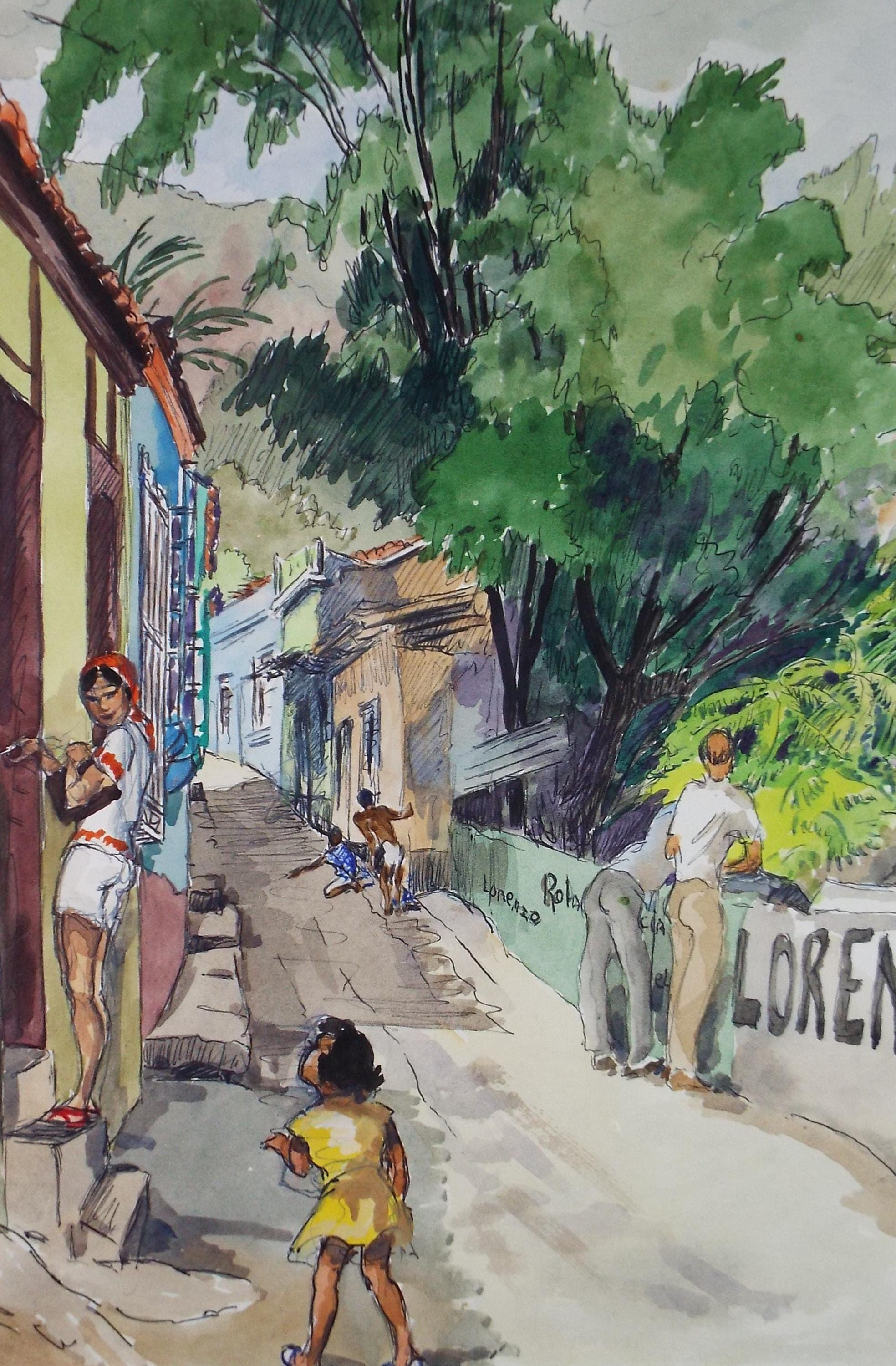 Original Watercolour, 'South American Street scene with figures', Circa 1950's, Ivy T. Attwell (1895-1985)