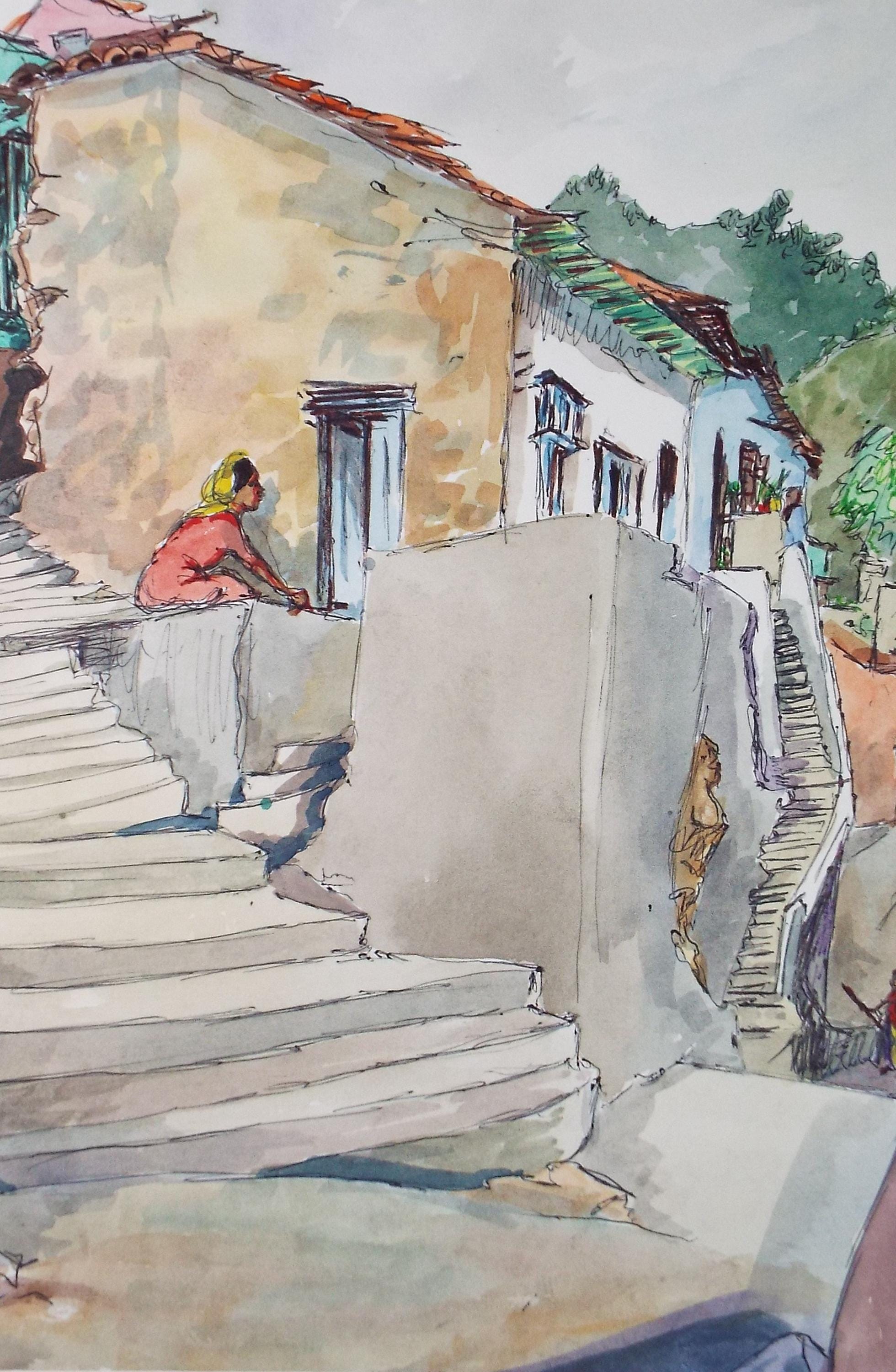 Original Watercolour, 'South American Street scene with figures', Circa 1950's, Ivy T. Attwell (1895-1985)