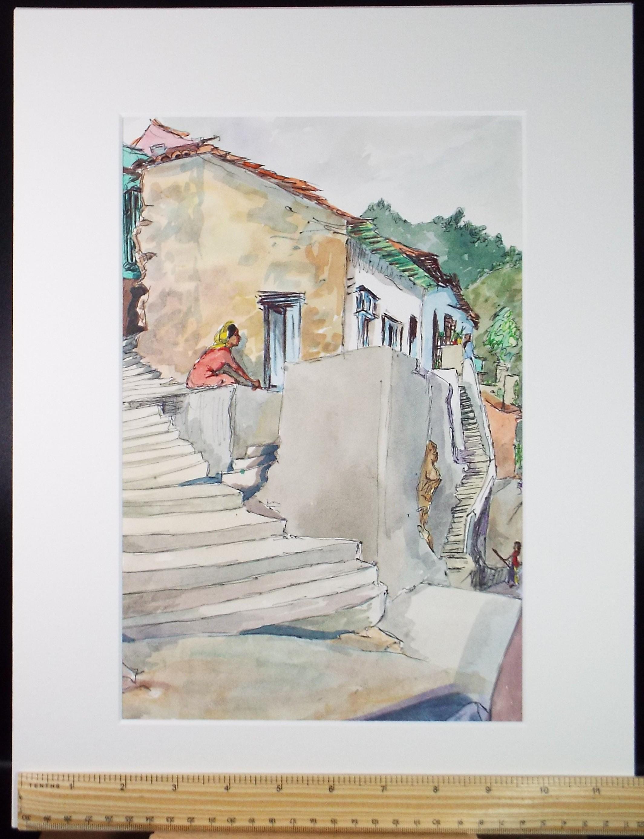Original Watercolour, 'South American Street scene with figures', Circa 1950's, Ivy T. Attwell (1895-1985)