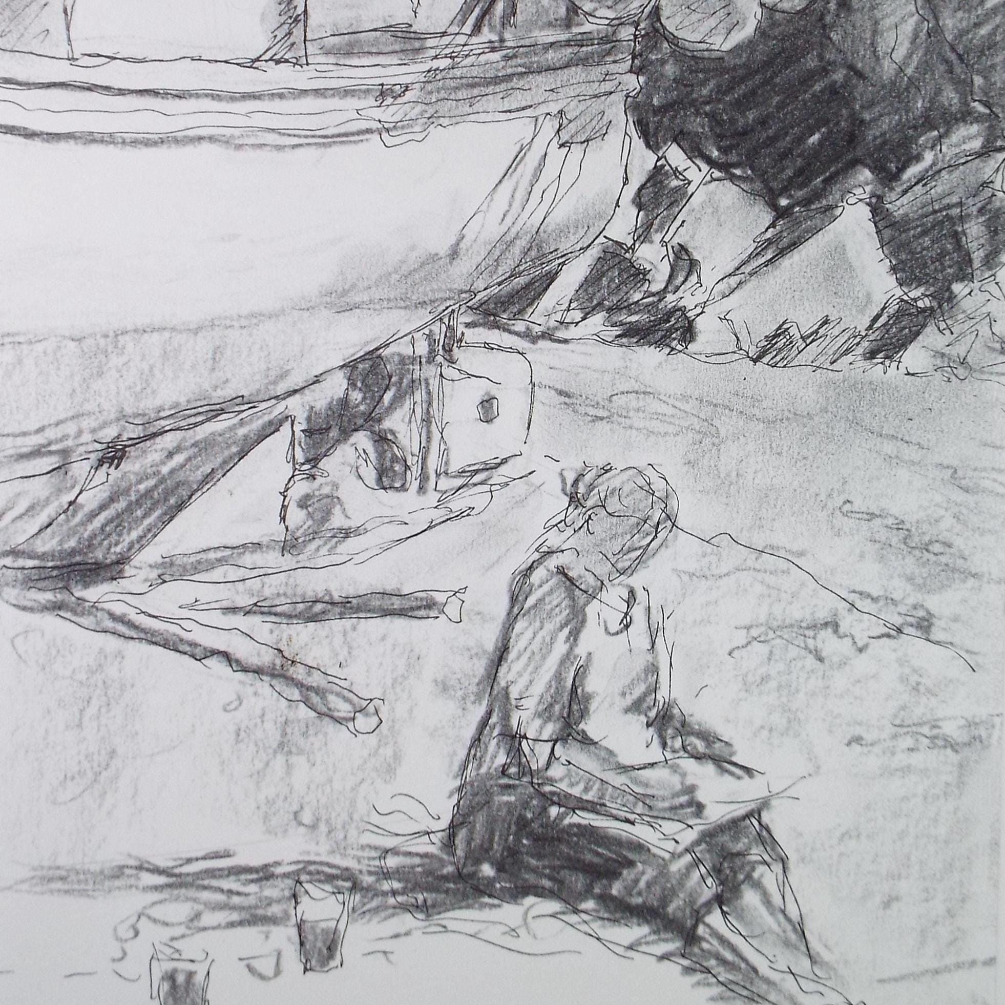 Pencil & ink drawing, 'woman with fishing boat' Drawing by Pauline Plummer, 1990s