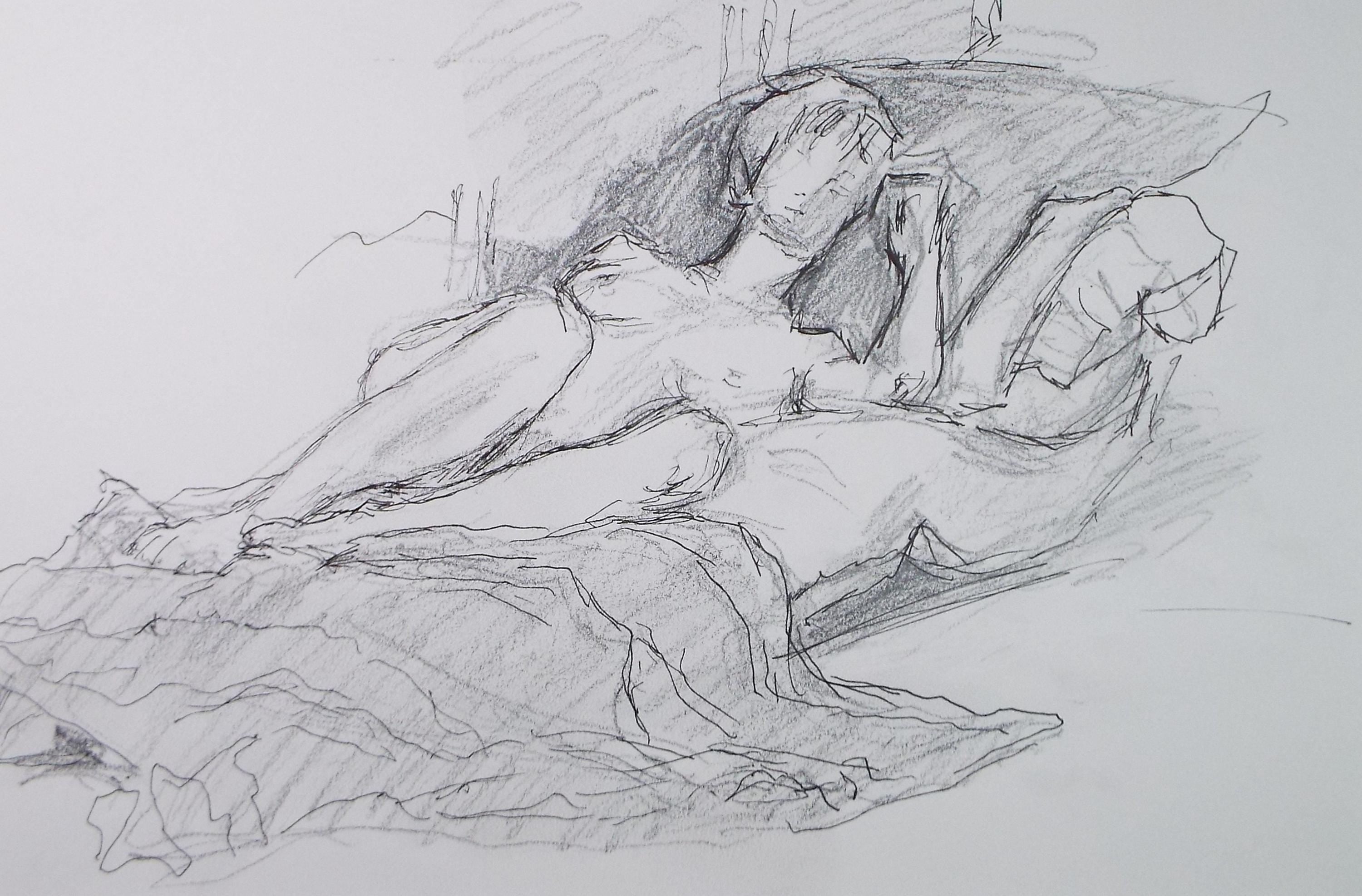 Original Pencil & ink Sketch,'reclining Nude', Circa 1990's, Pauline Plummer (b 1930)