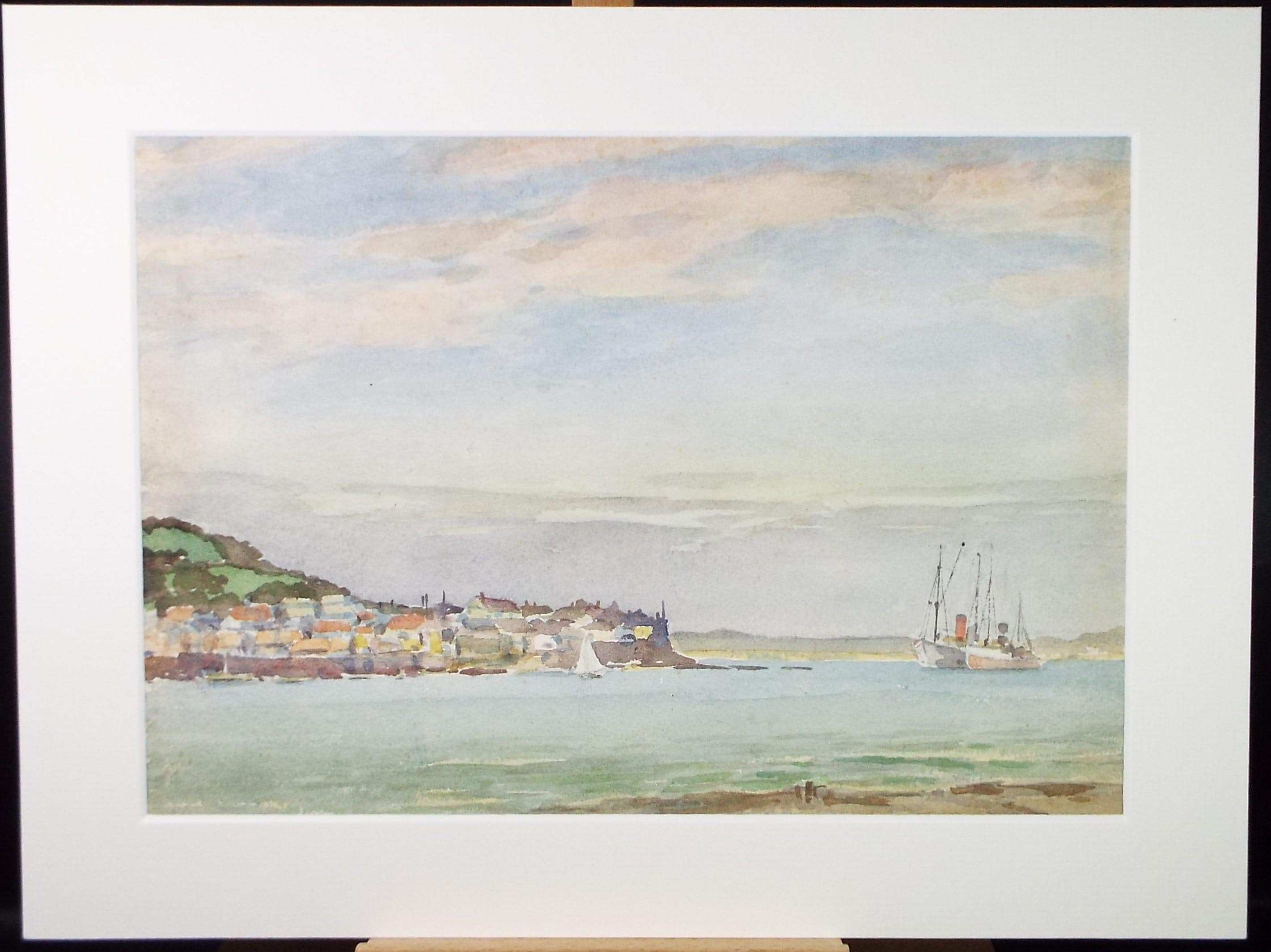 Original Watercolour, 'Coastal village with moored boats', Richard A Siddal, Circa 1950's