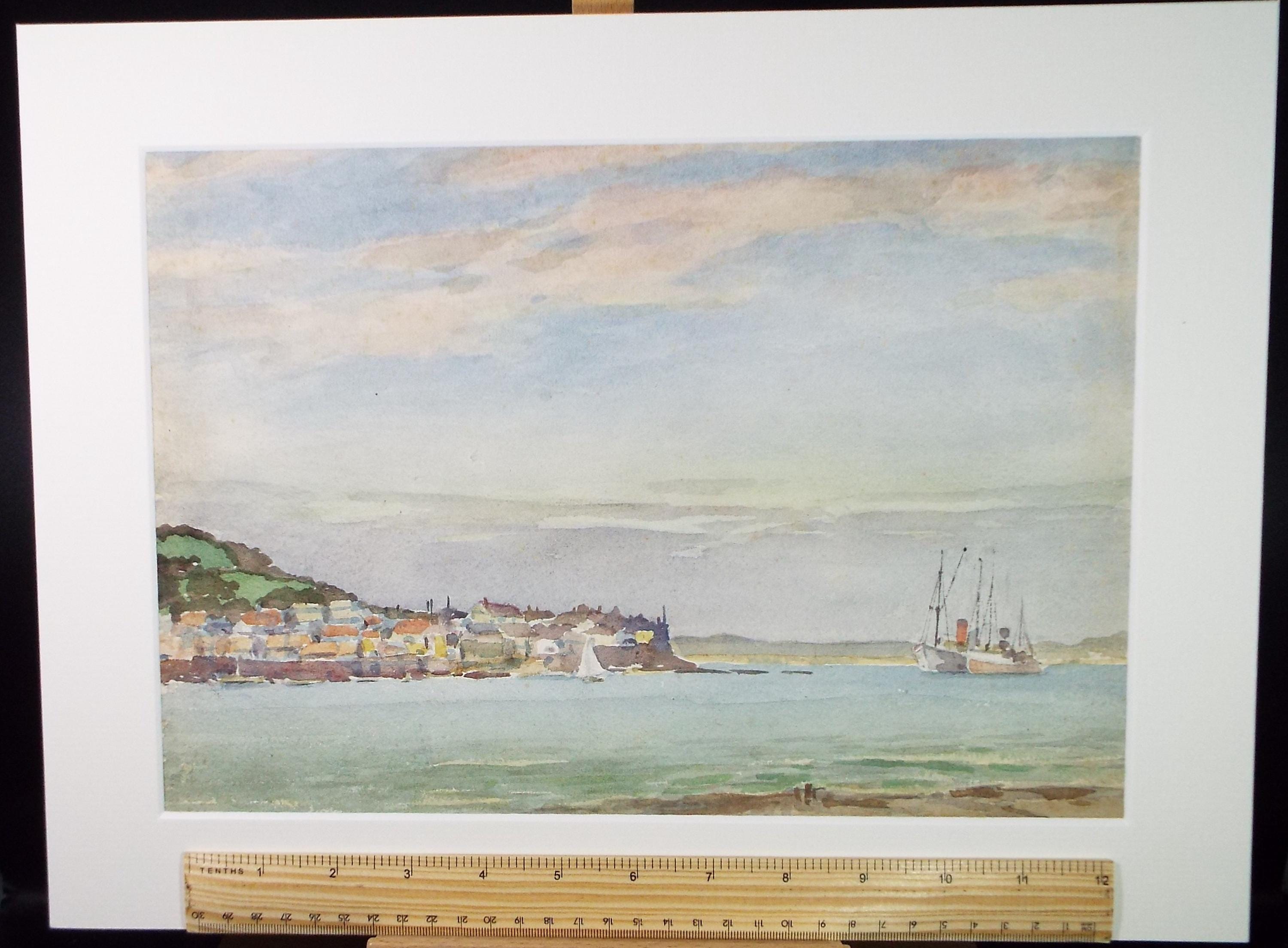 Original Watercolour, 'Coastal village with moored boats', Richard A Siddal, Circa 1950's