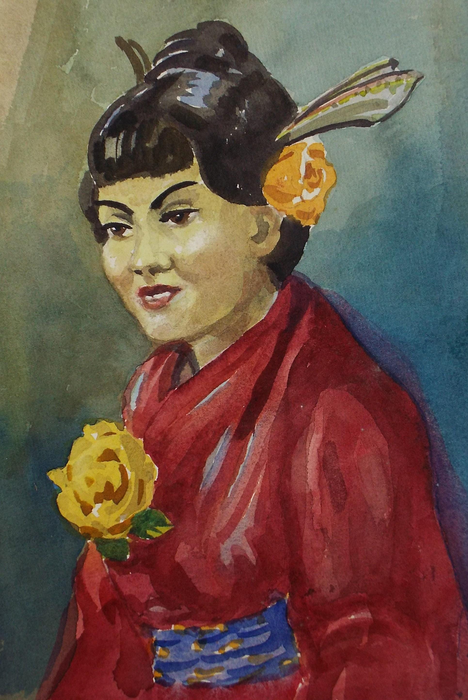 Original Watercolour 'Study of a Korean woman', c1980s, Artist Unknown