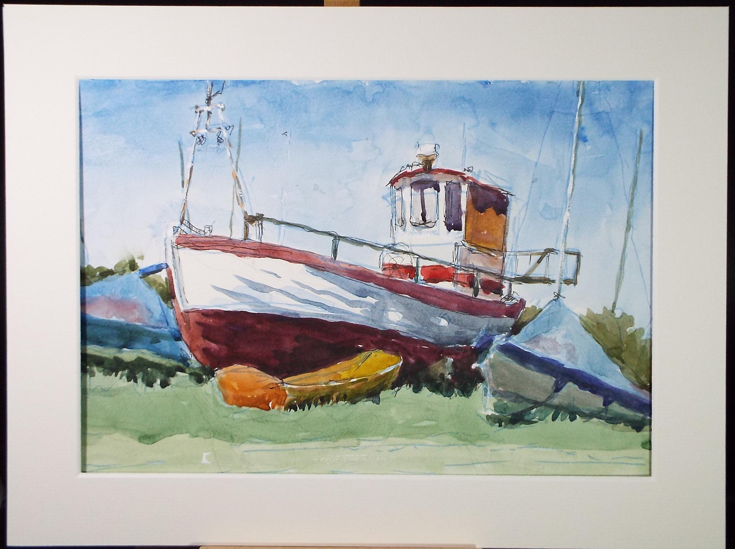 Original watercolour & Ink, 'fishing boat' Painting by Pauline Plummer (b1933), 1990s
