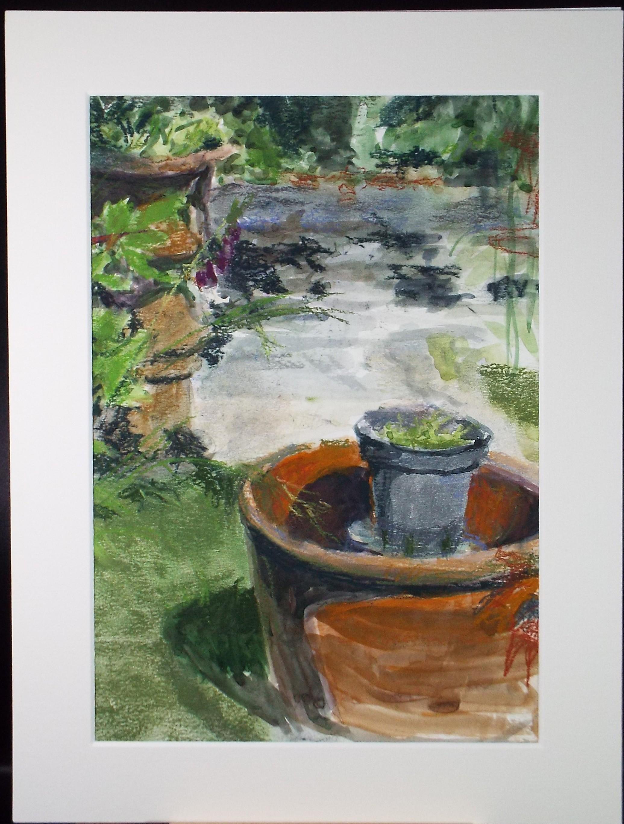 Original watercolour & Pastel, 'Pots in the Garden', Pauline Plummer (b1933), 1990s