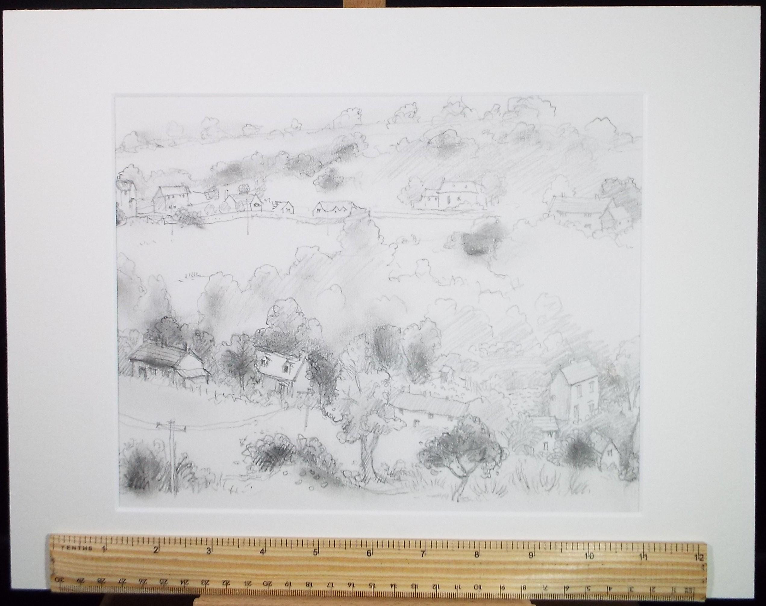 Pencil drawing 'Village in a Landscape', Artist Unknown', Circa 1990's