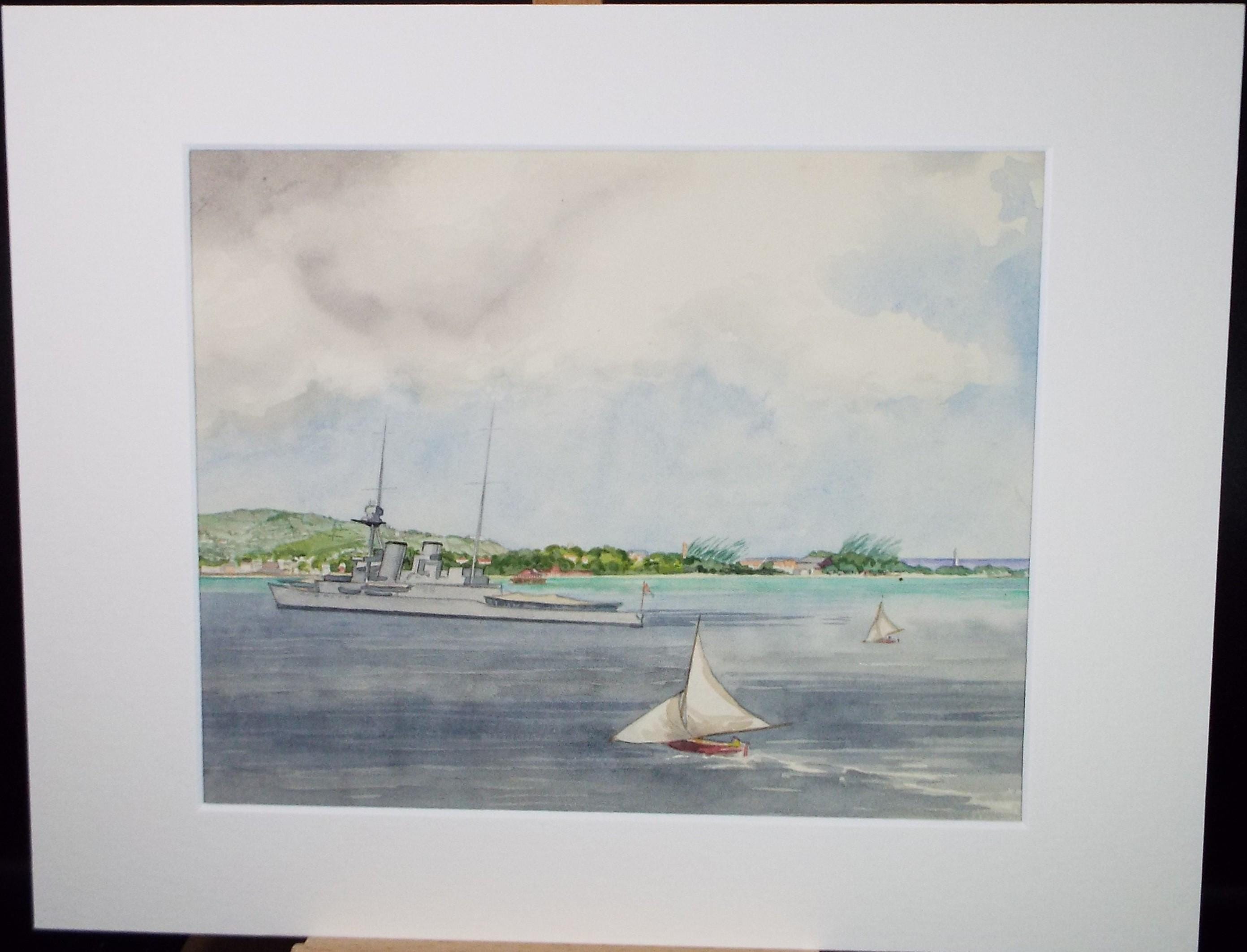 Original Watercolour, 'Shipping off the coast', Circa 1950's, Ivy T. Attwell (1895-1985)