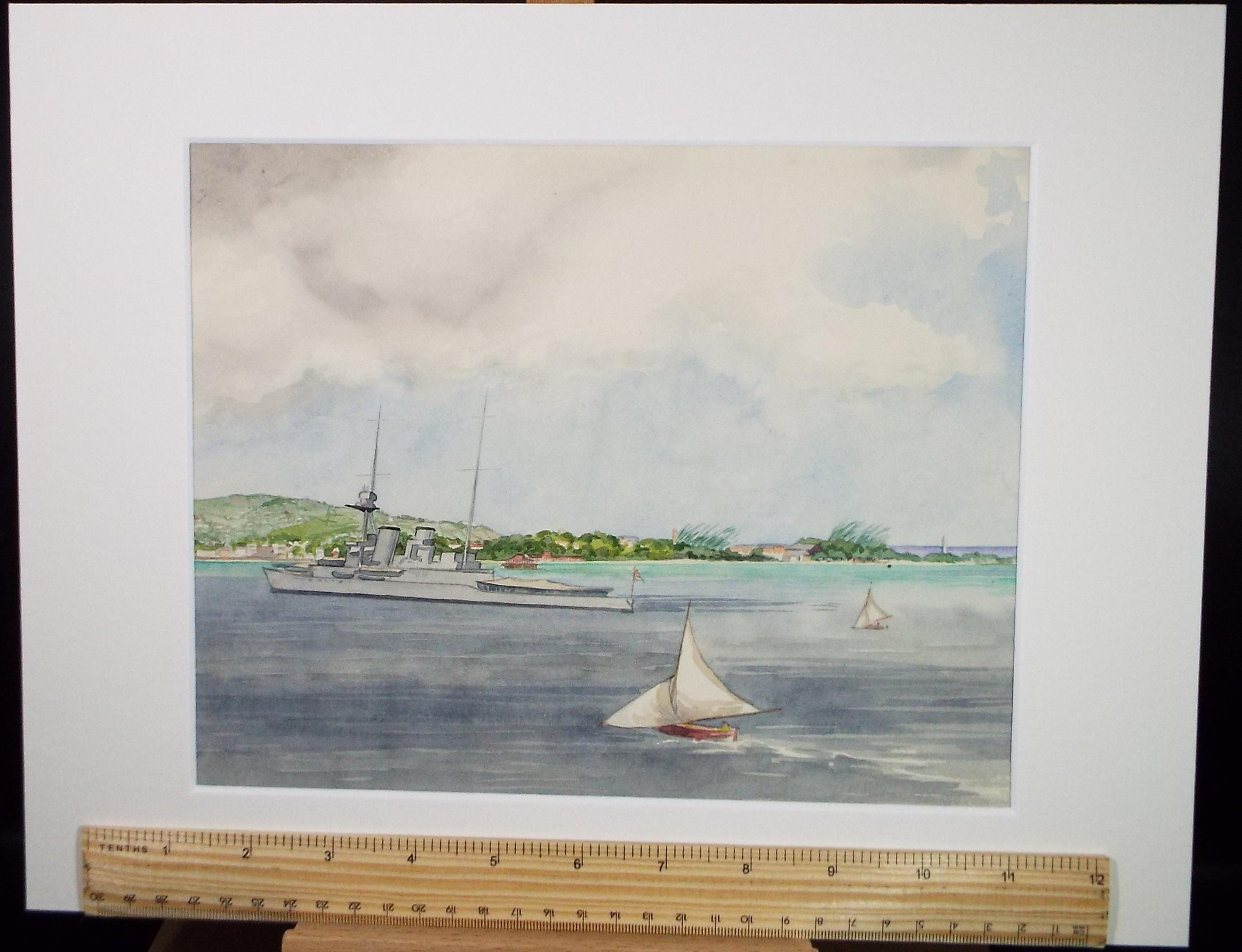 Original Watercolour, 'Shipping off the coast', Circa 1950's, Ivy T. Attwell (1895-1985)