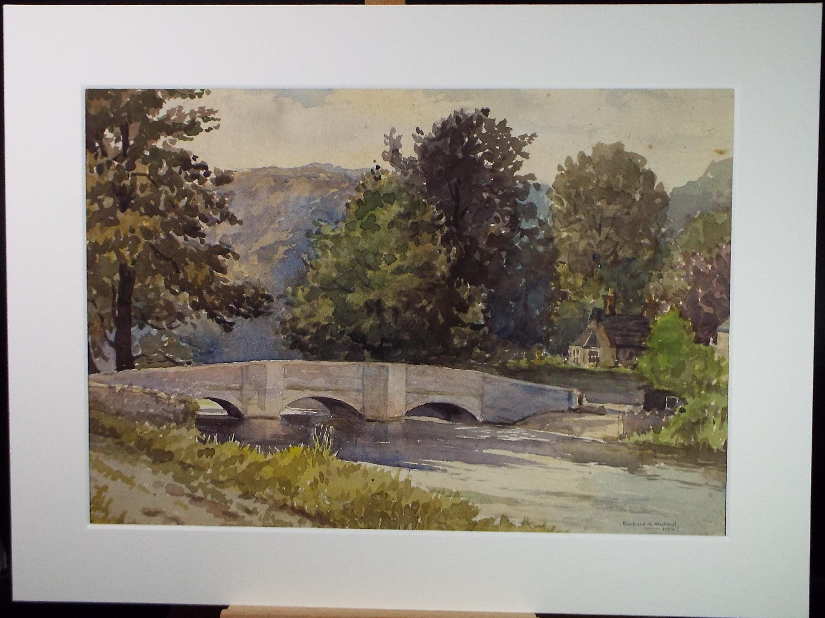Original Watercolour, 'Stone Bridge over the River', Richard A Siddall, Dated 1947