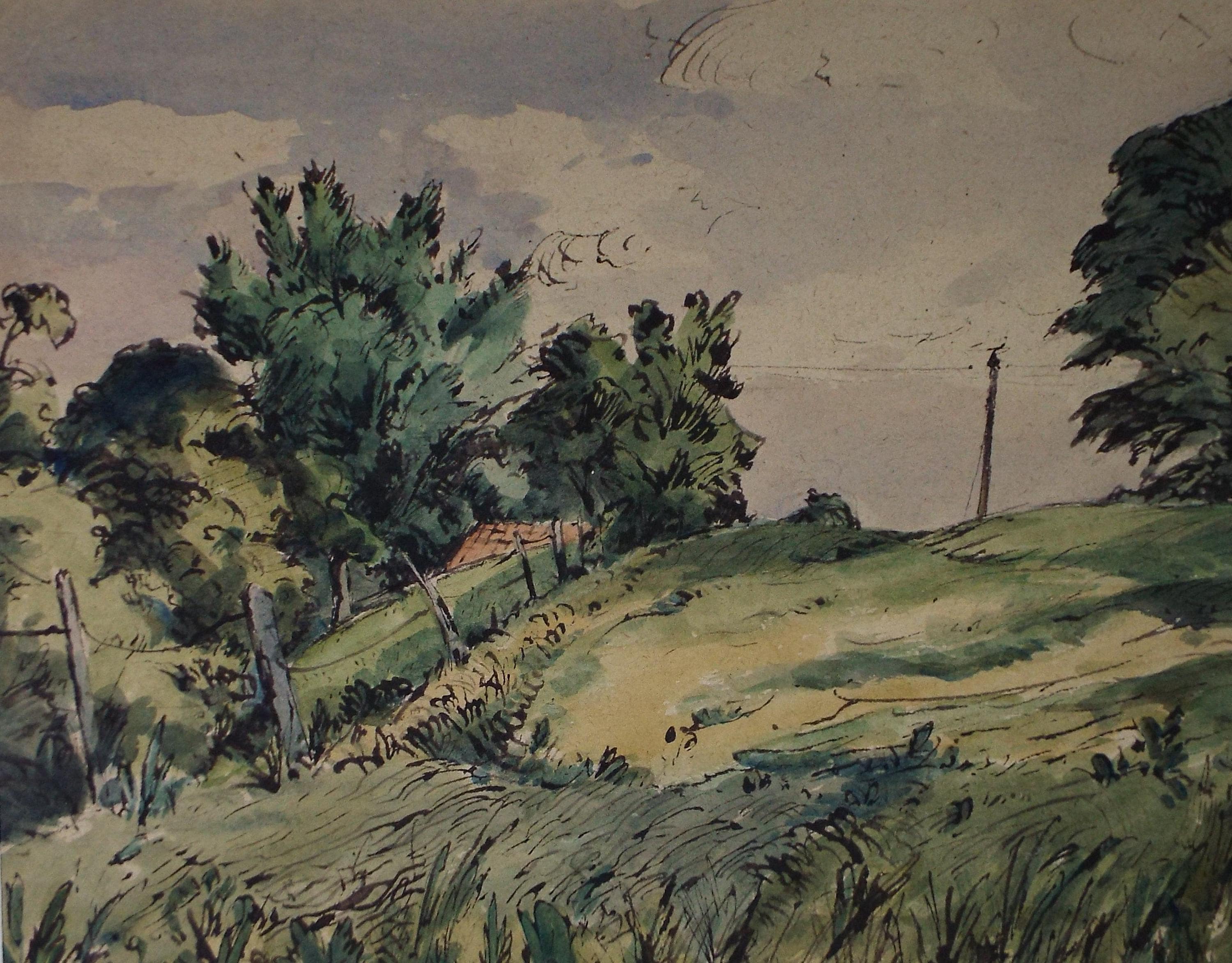 Original Watercolour, ' Green Fields', Edward Eaton Brannan (1886-1957),Circa 1940's