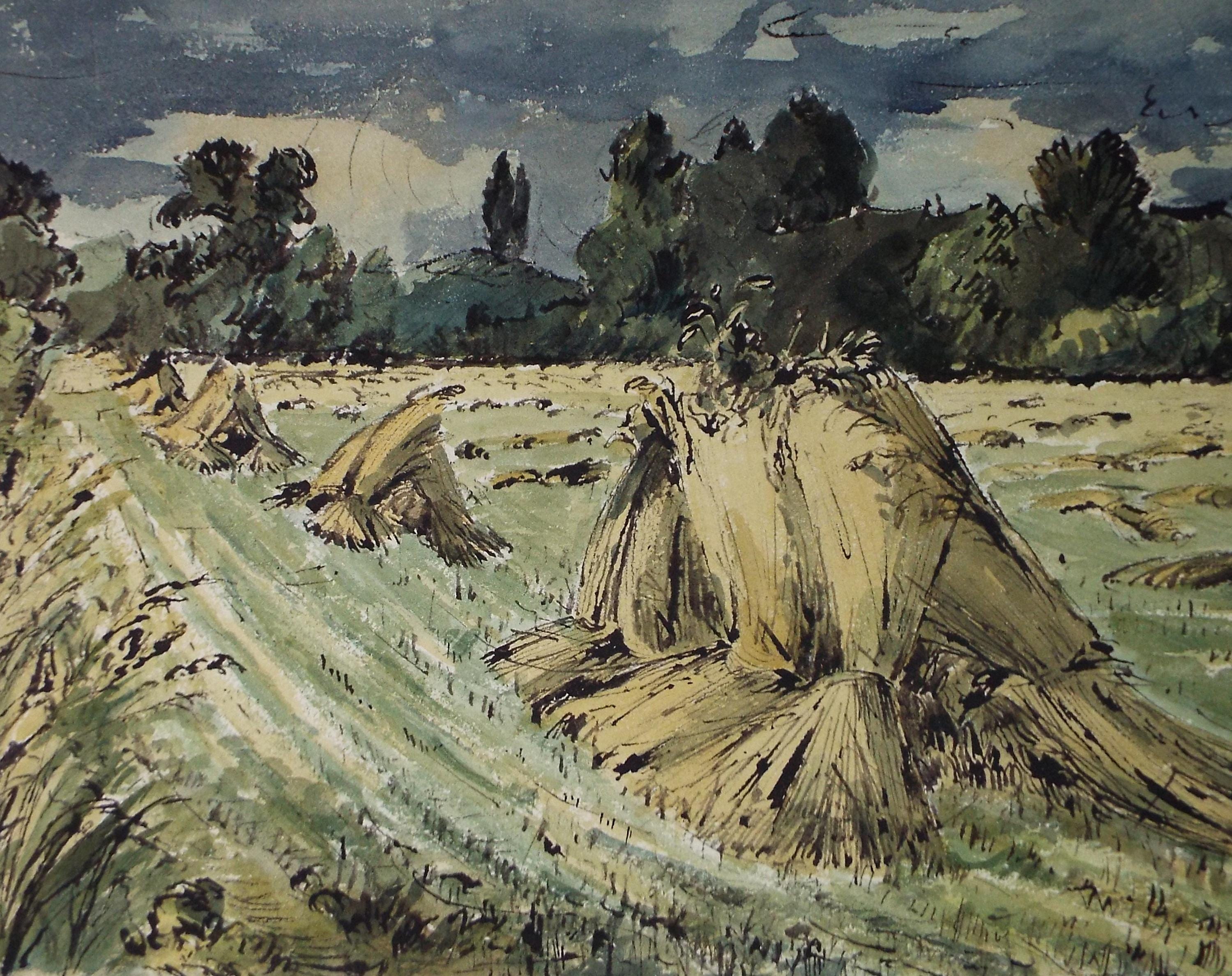 Original Watercolour, 'Corn Stooks', Edward Eaton Brannan (1886-1957), Circa 1940's