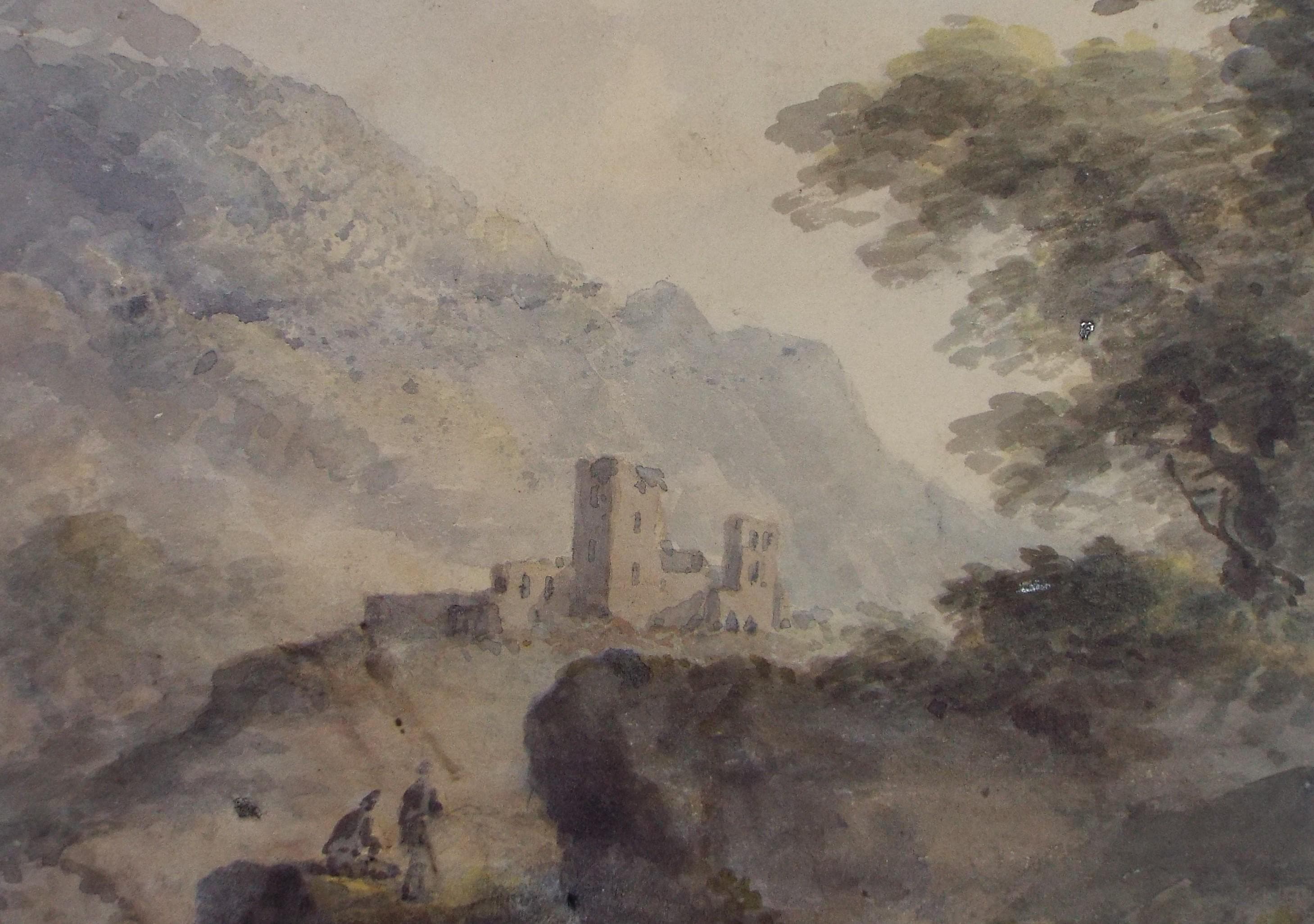 Original Watercolour, 'Castle in the mountains with figures', Unknown Artist - Late 19th Century