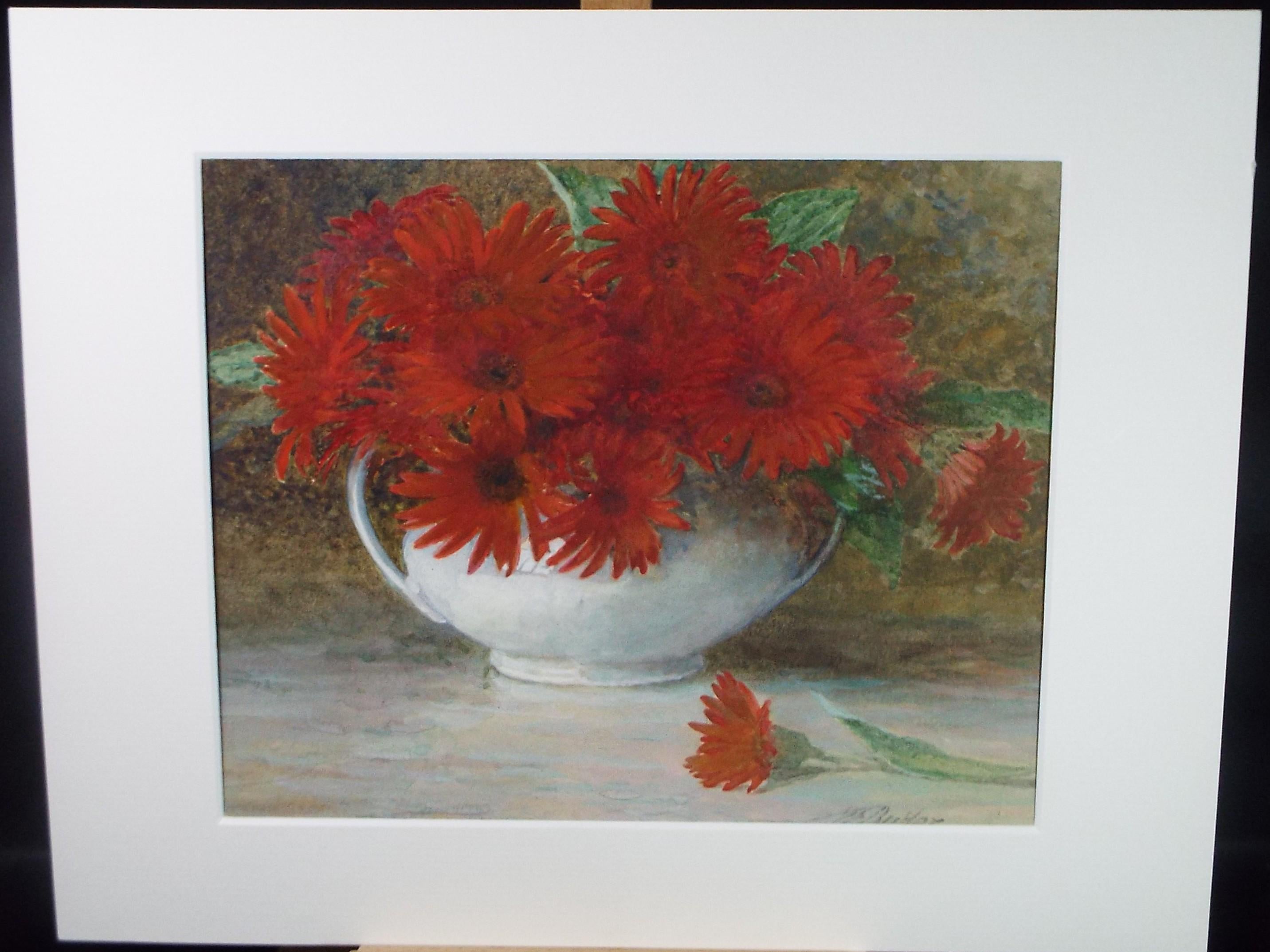 Original Watercolour & Gouache, 'Red Gerber Daisies', Circa 1910's, Signed Butler