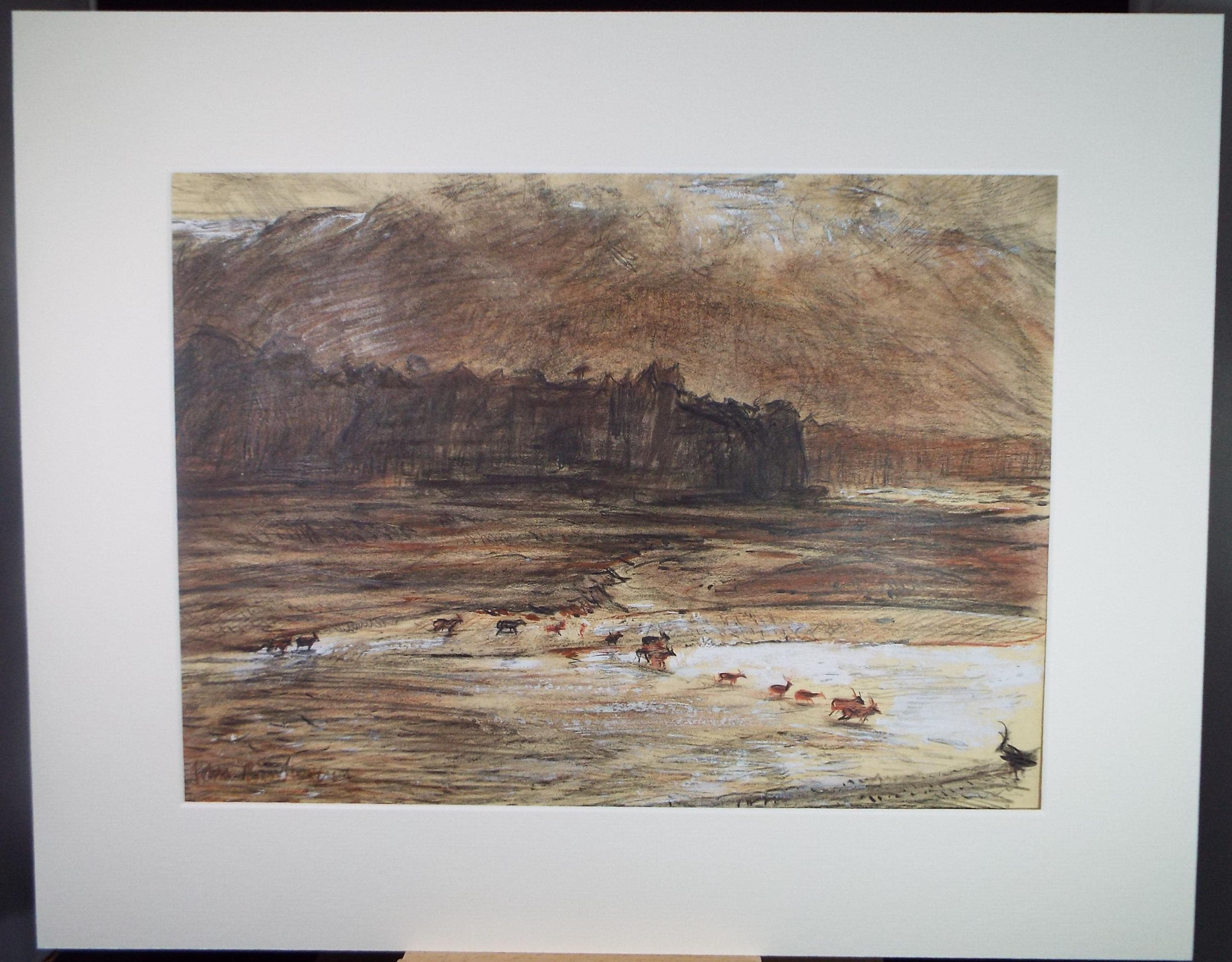 Original Pencil Drawing, 'Deer crossing the river Feshie', John Gilbey Bowles (1929-2011), Dated 1996