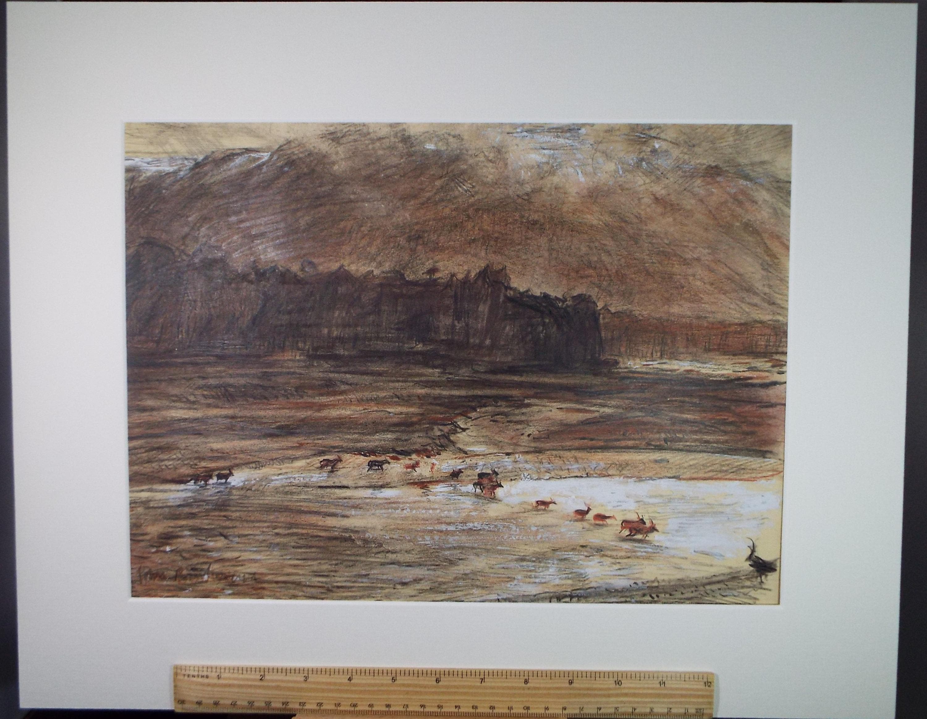 Original Pencil Drawing, 'Deer crossing the river Feshie', John Gilbey Bowles (1929-2011), Dated 1996