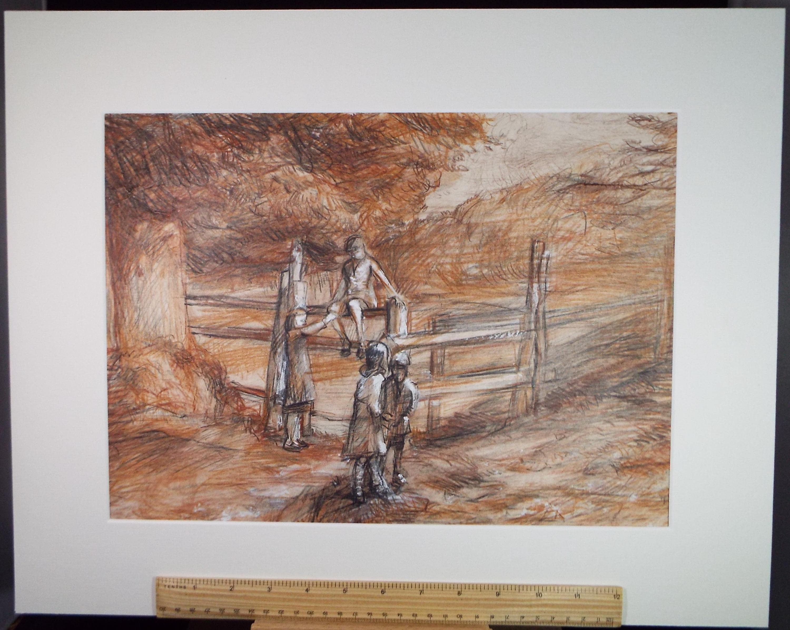 Original Pencil Drawing, 'Children Climbing a Stile', John Gilbey Bowles (1929-2011), Dated 1996