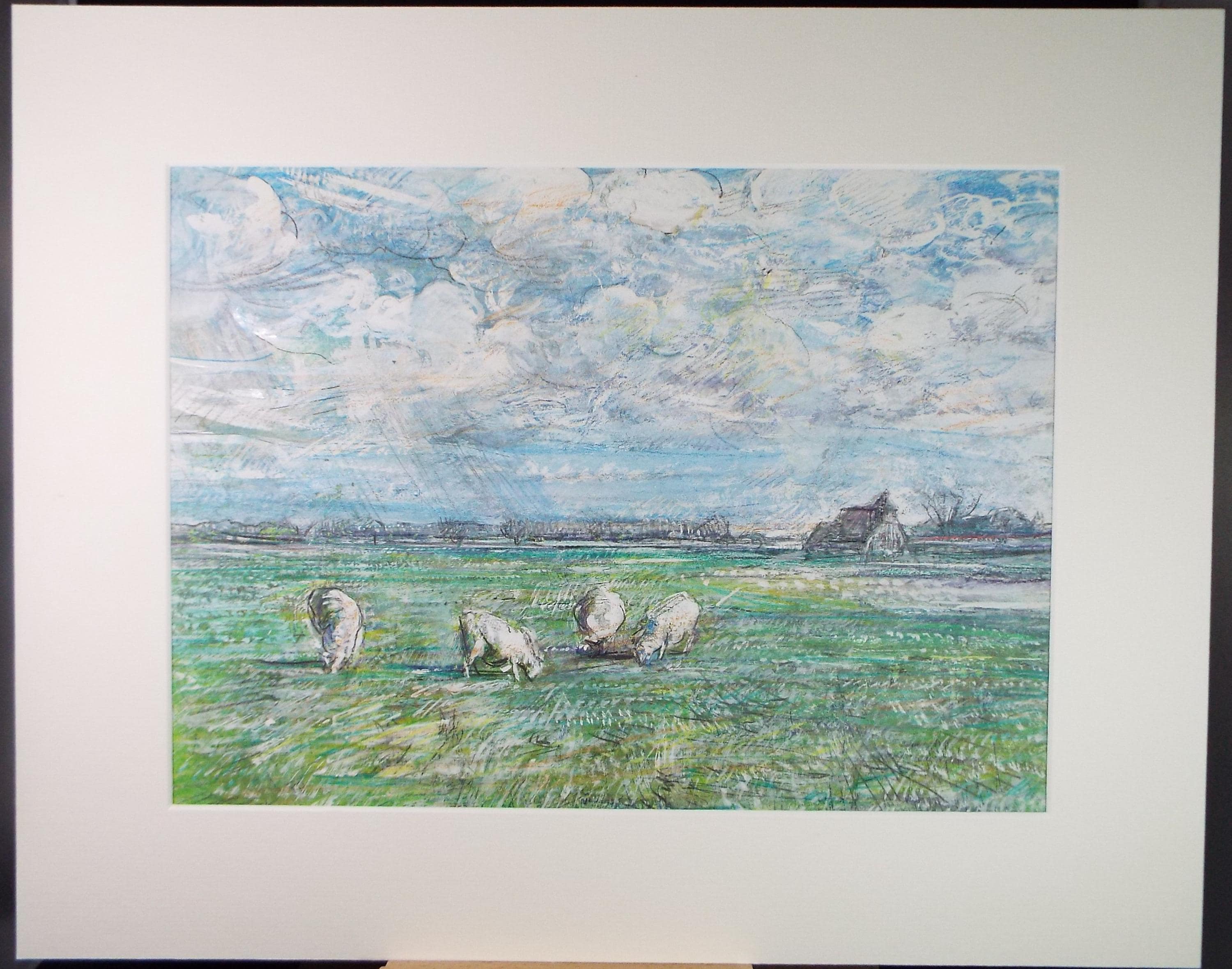 Original Mixed Media, 'Sheep on the Pasture', John Gilbey Bowles (1929-2011), Circa 1990's