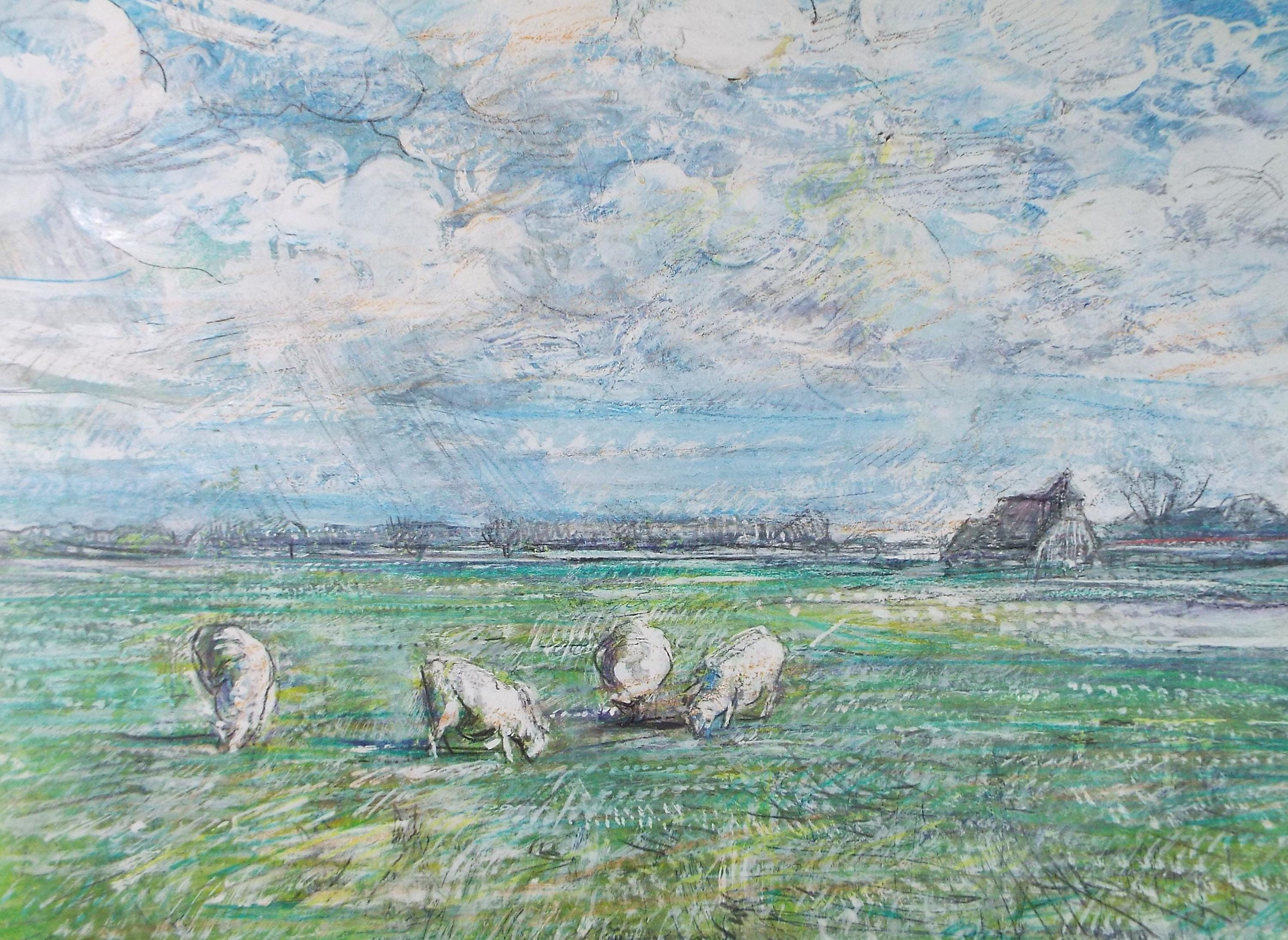 Original Mixed Media, 'Sheep on the Pasture', John Gilbey Bowles (1929-2011), Circa 1990's