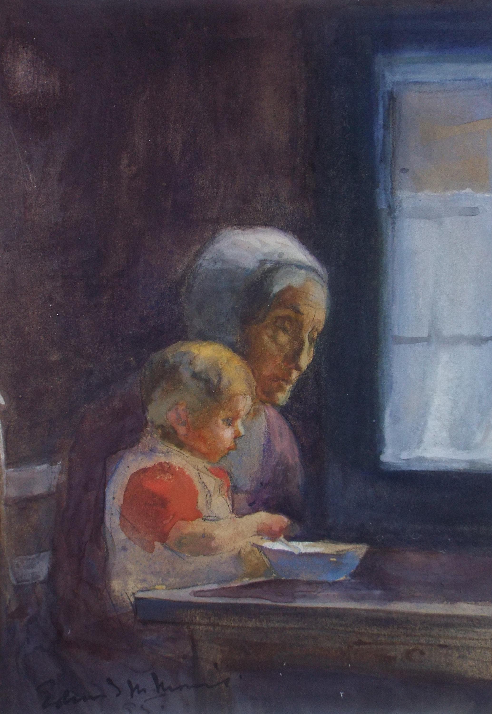 Original Watercolour & Gouache 'Grandmother and Child', Dated 1895, Edmund Montague Morris (CANADIAN, 1871-1913)