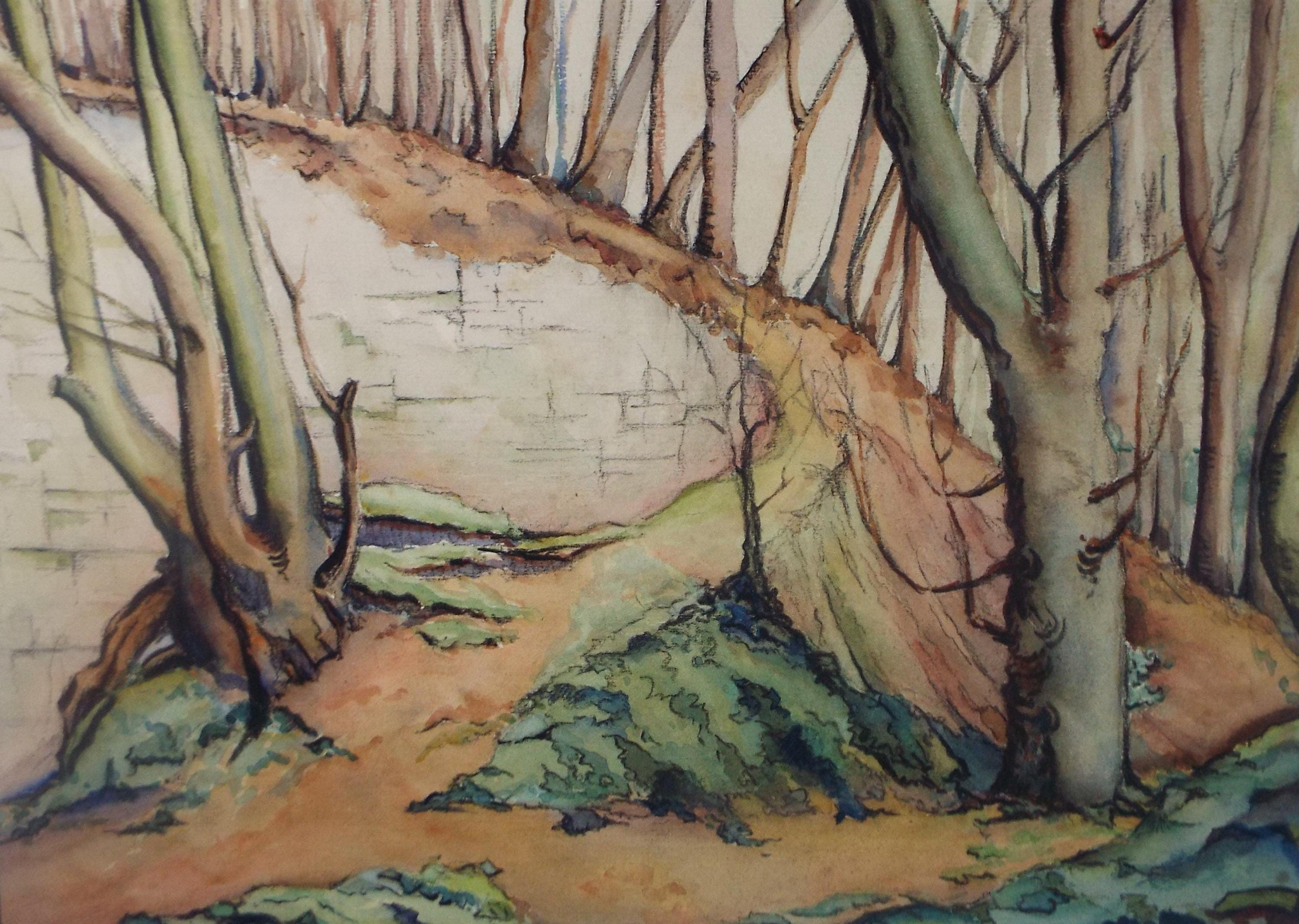 Original Charcoal & Watercolour, 'Stone outcrop with trees', Circa 1930's , Frank Harold Read FRPS (1881-1960)