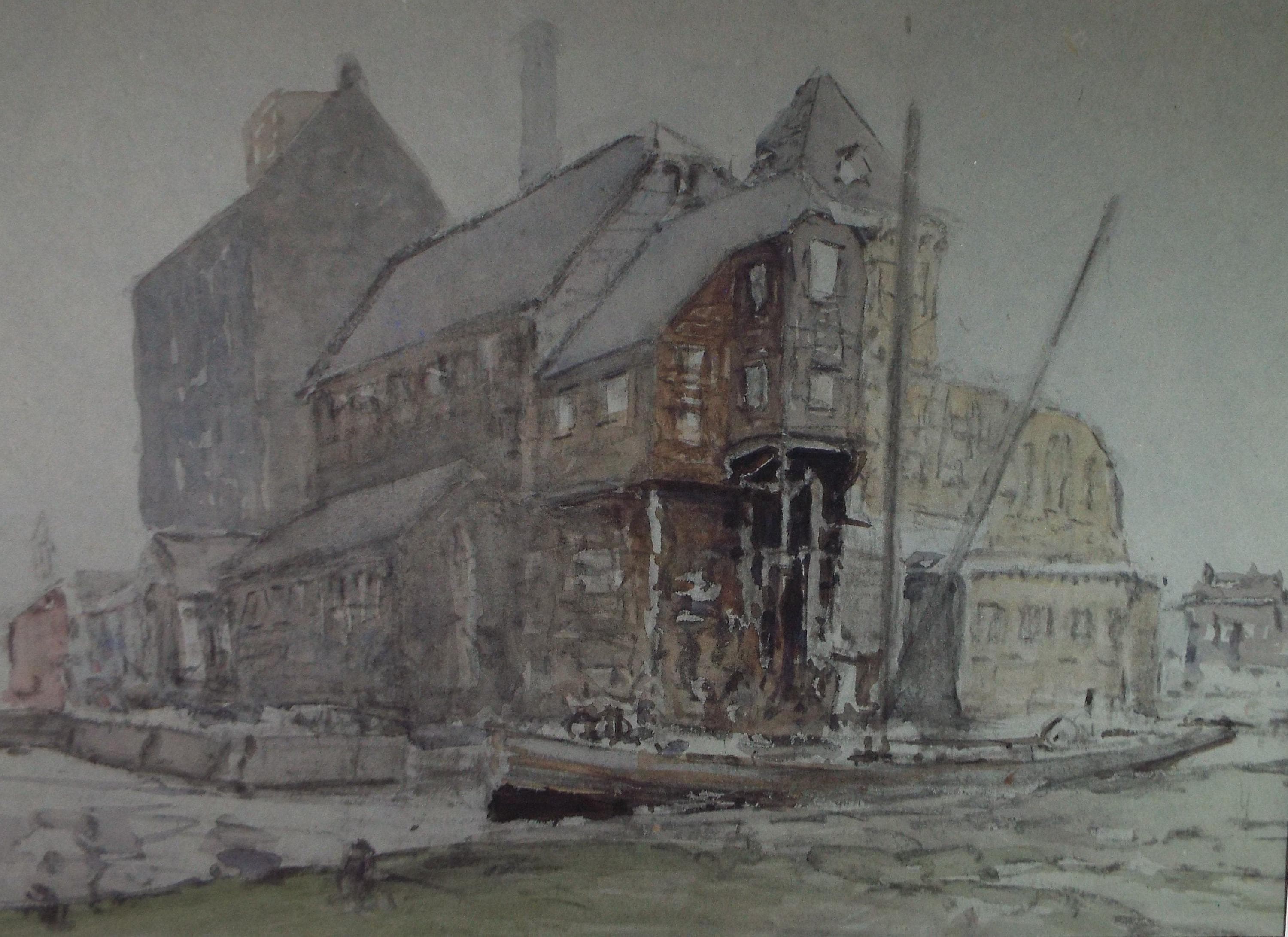 Original Watercolour, 'Quayside Warehouses', Circa 1920's, Lawrence Walker (1877-1967)