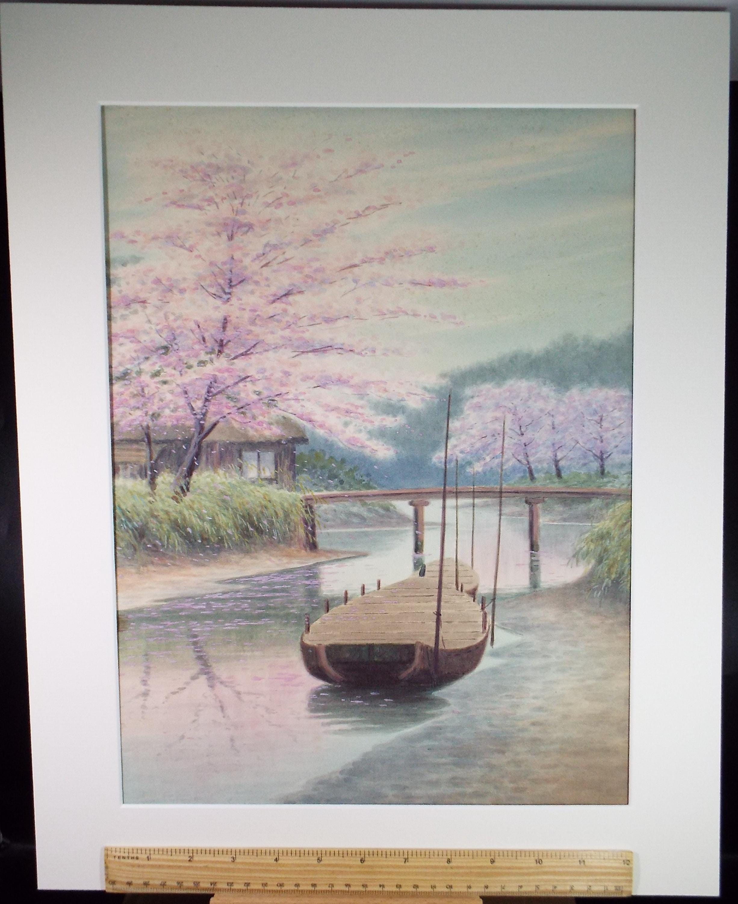Original Watercolour, 'Japanese River scence with cherry blossom', c1960's, Unknown Artist