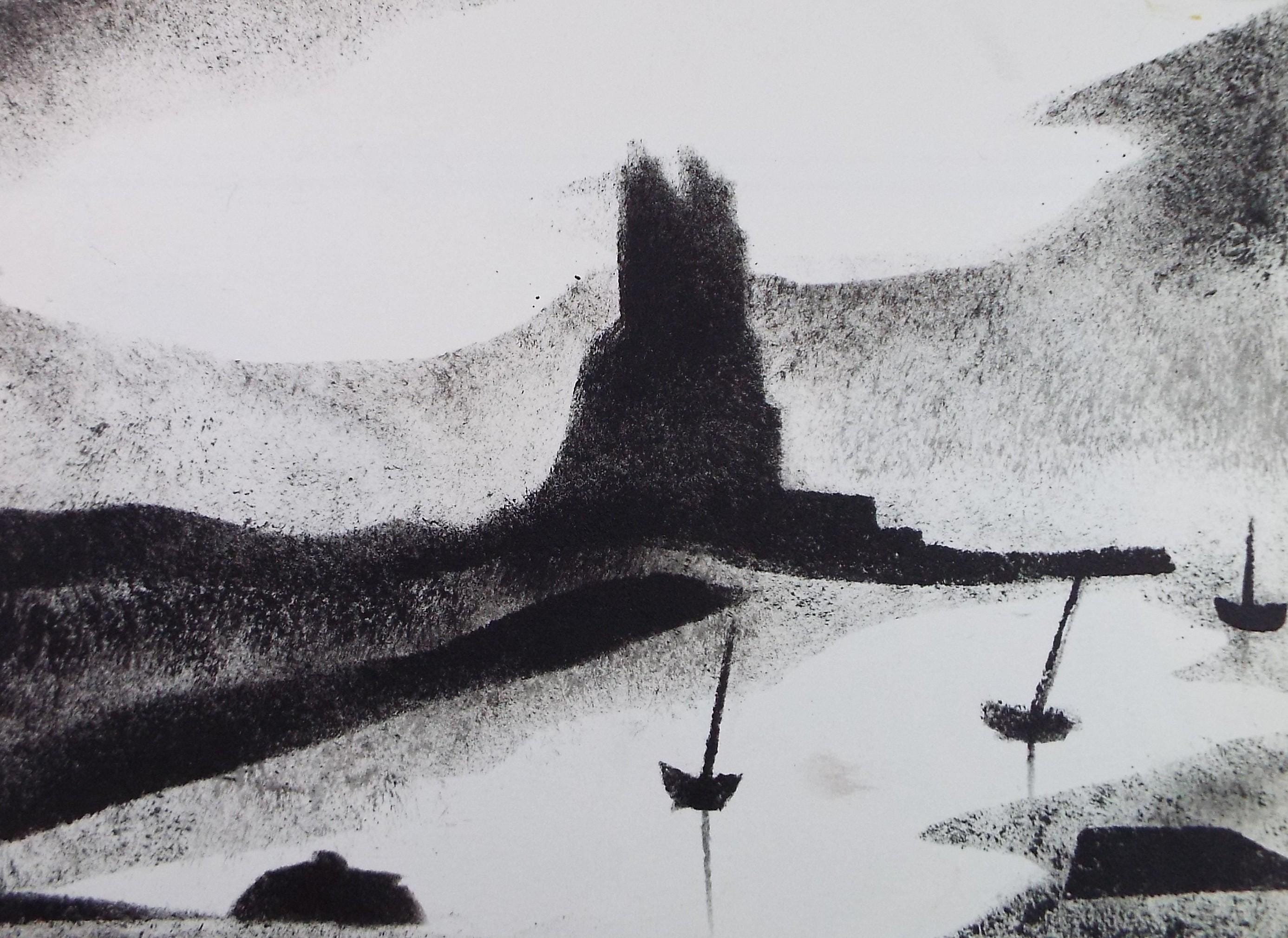 Original Monoprint, 'Coast with Boats' , Ken Stewart (1926-1991), Circa 1960's