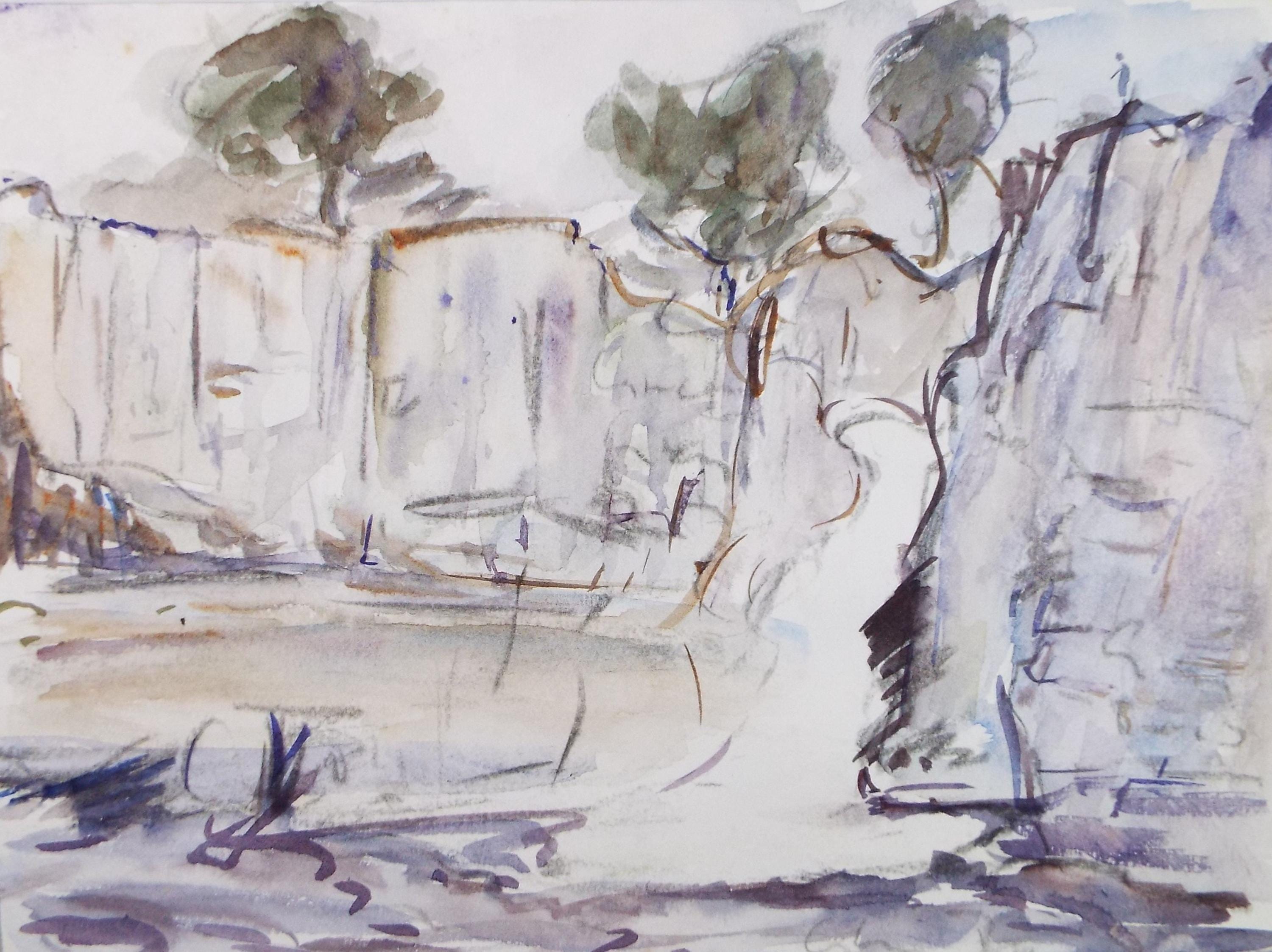 Original Watercolour , 'Cliffs & waterfall', Circa 1970's , Geoffrey Burrows (1934-2023)