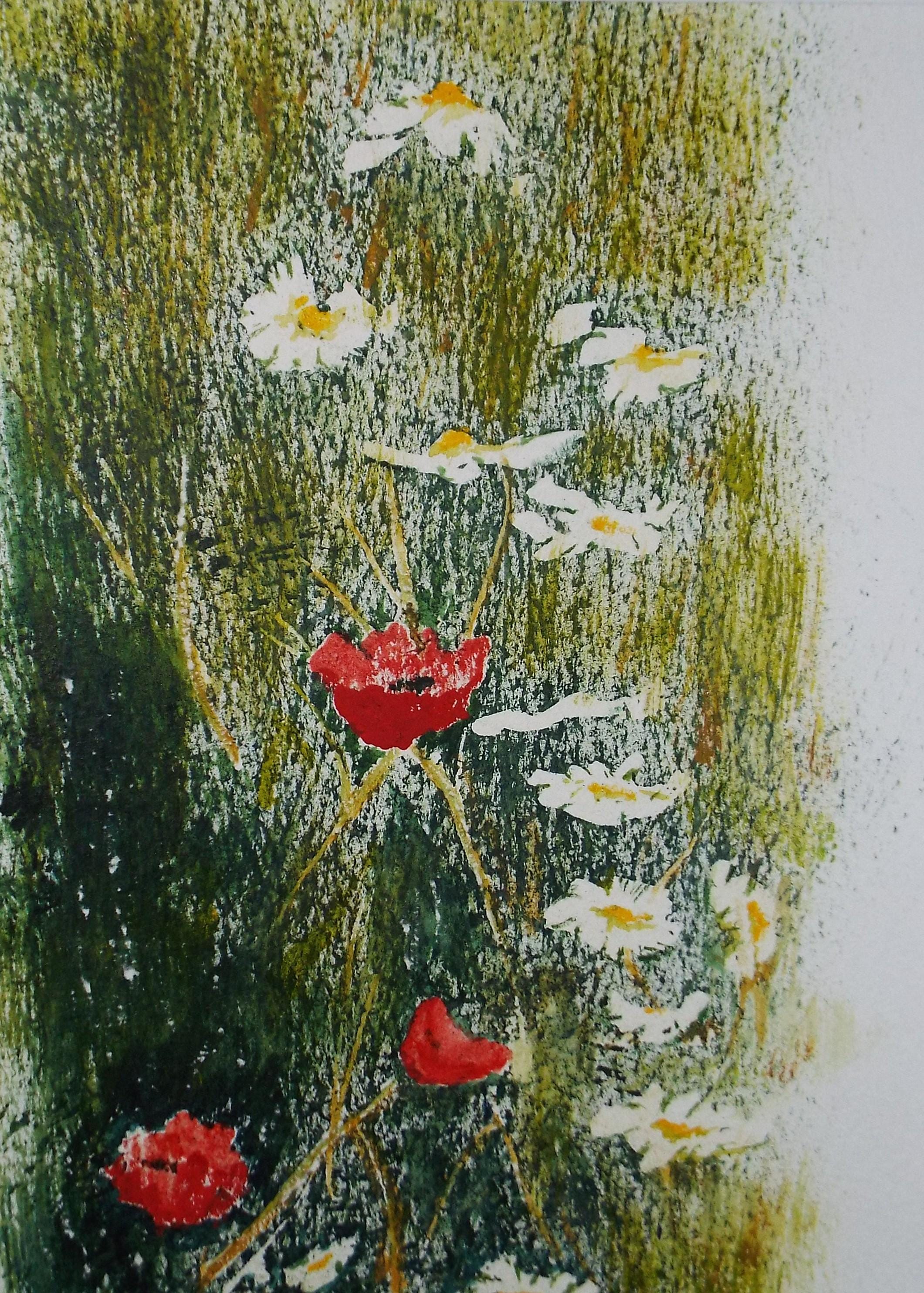 Original Watercolour & pastel, 'Study of Poppies and Daisies' 1990's, unknown artist