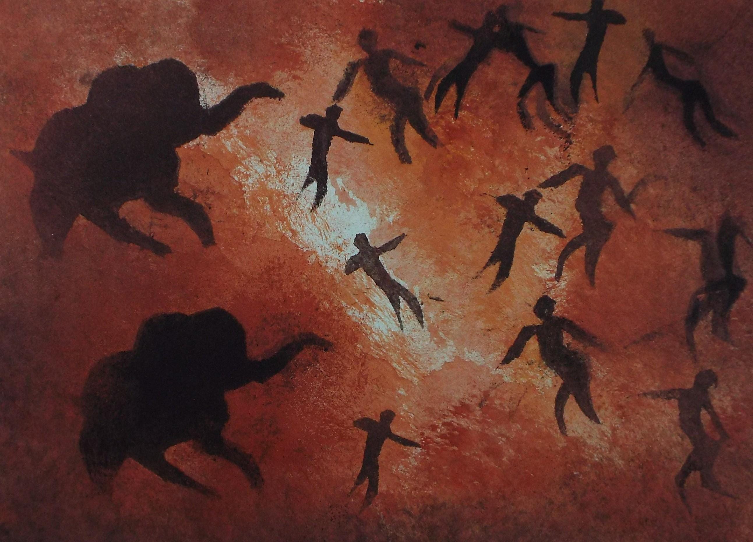 Original Watercolour, 'Cave style painting with Mammoth and figures', Ken Stewart (1926-1991), circa 1960's