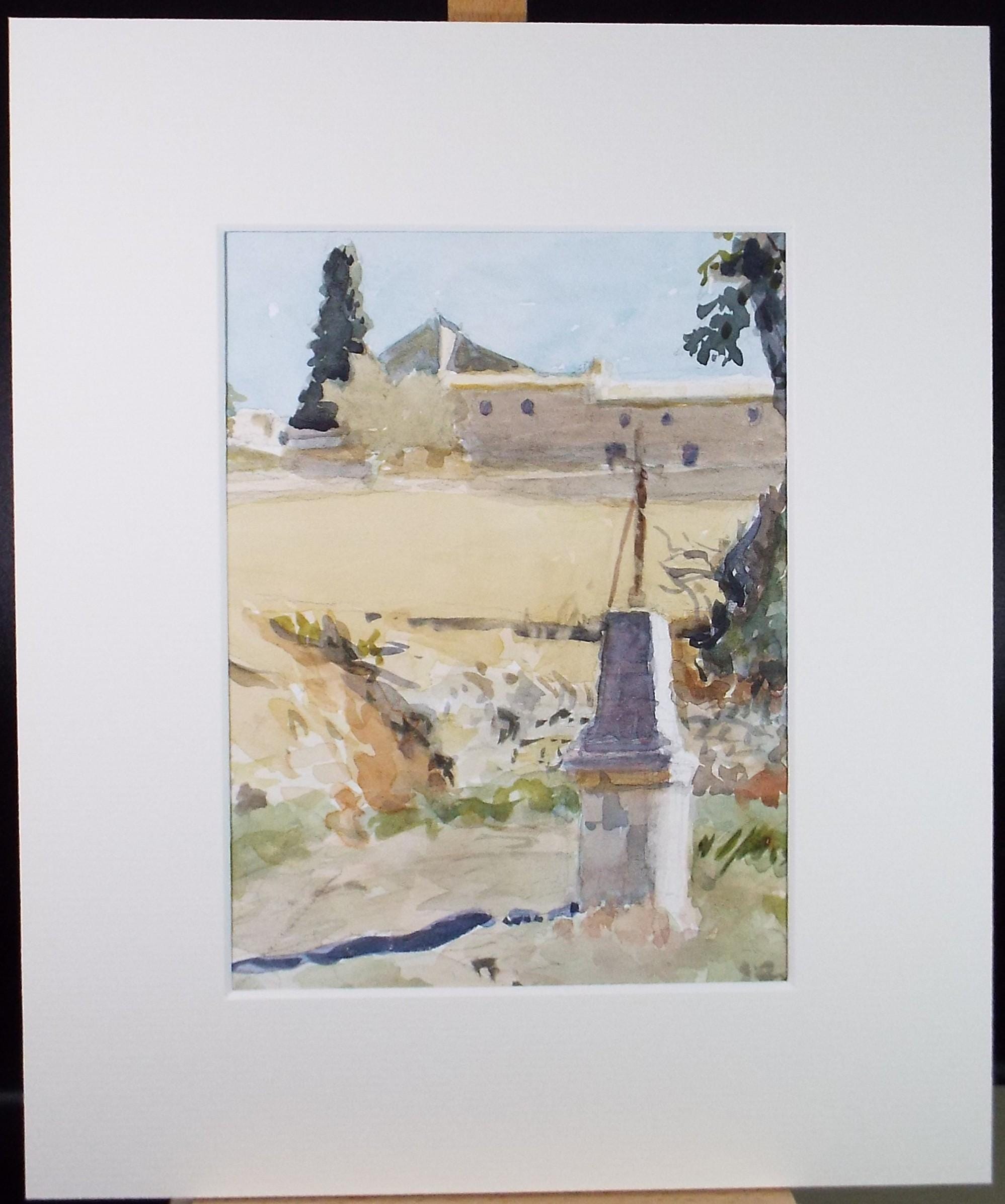 Original Watercolour on Paper, ' Obelisk' in a Landscape', Unknown Artist, Circa 1980's