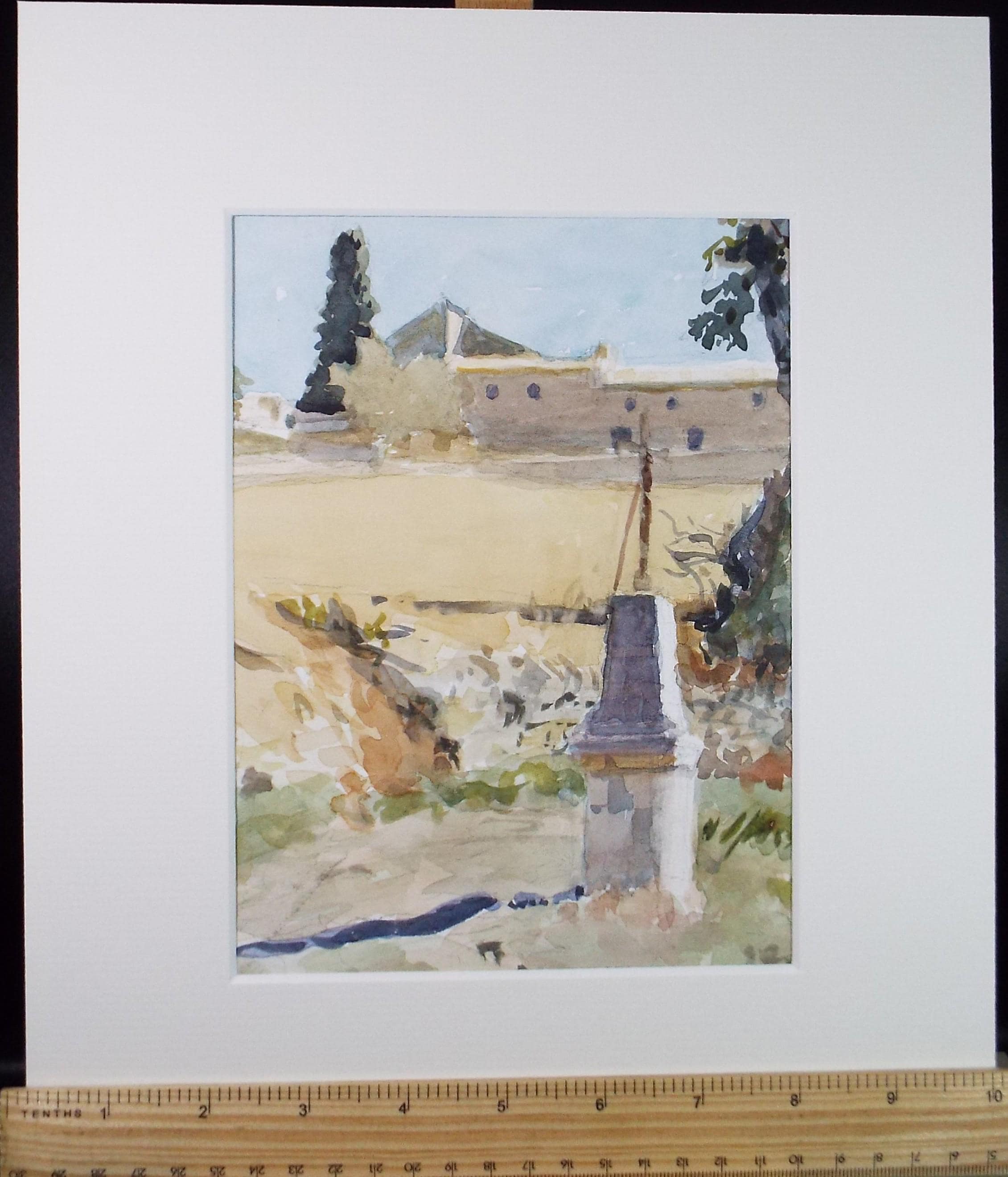 Original Watercolour on Paper, ' Obelisk' in a Landscape', Unknown Artist, Circa 1980's