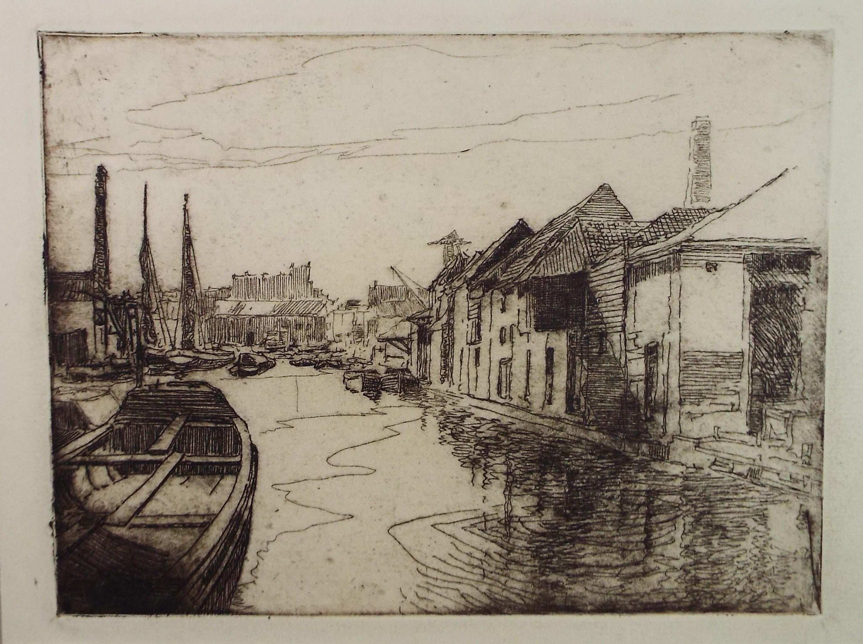 Hand Pressed Etching, 'Docks with Warehouses and Shipping', Lawrence Walker (1877-1967), Circa 1920's
