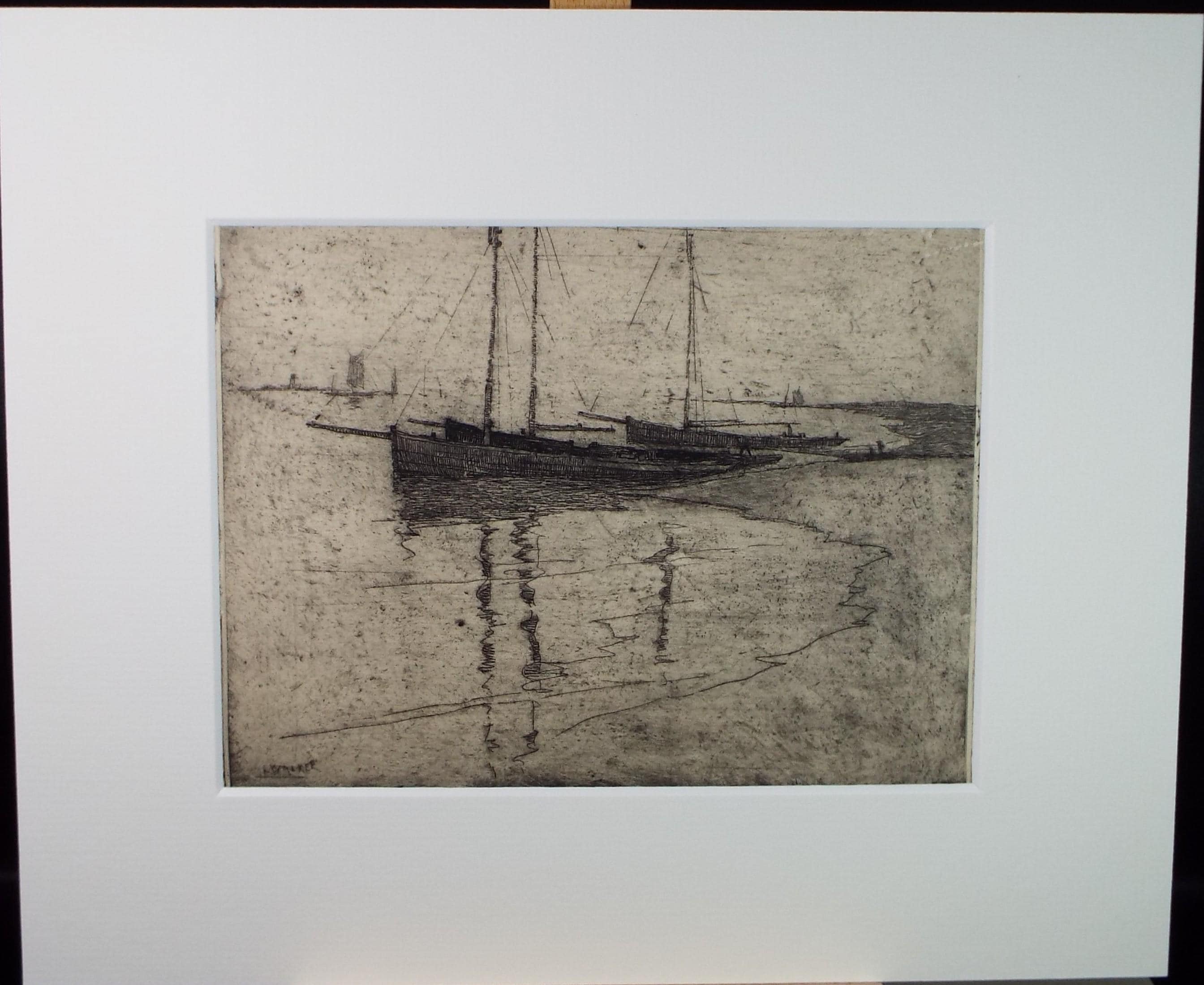 Hand Pressed Etching, 'Boats on the shore', Lawrence Walker (1877-1967), Circa 1920's