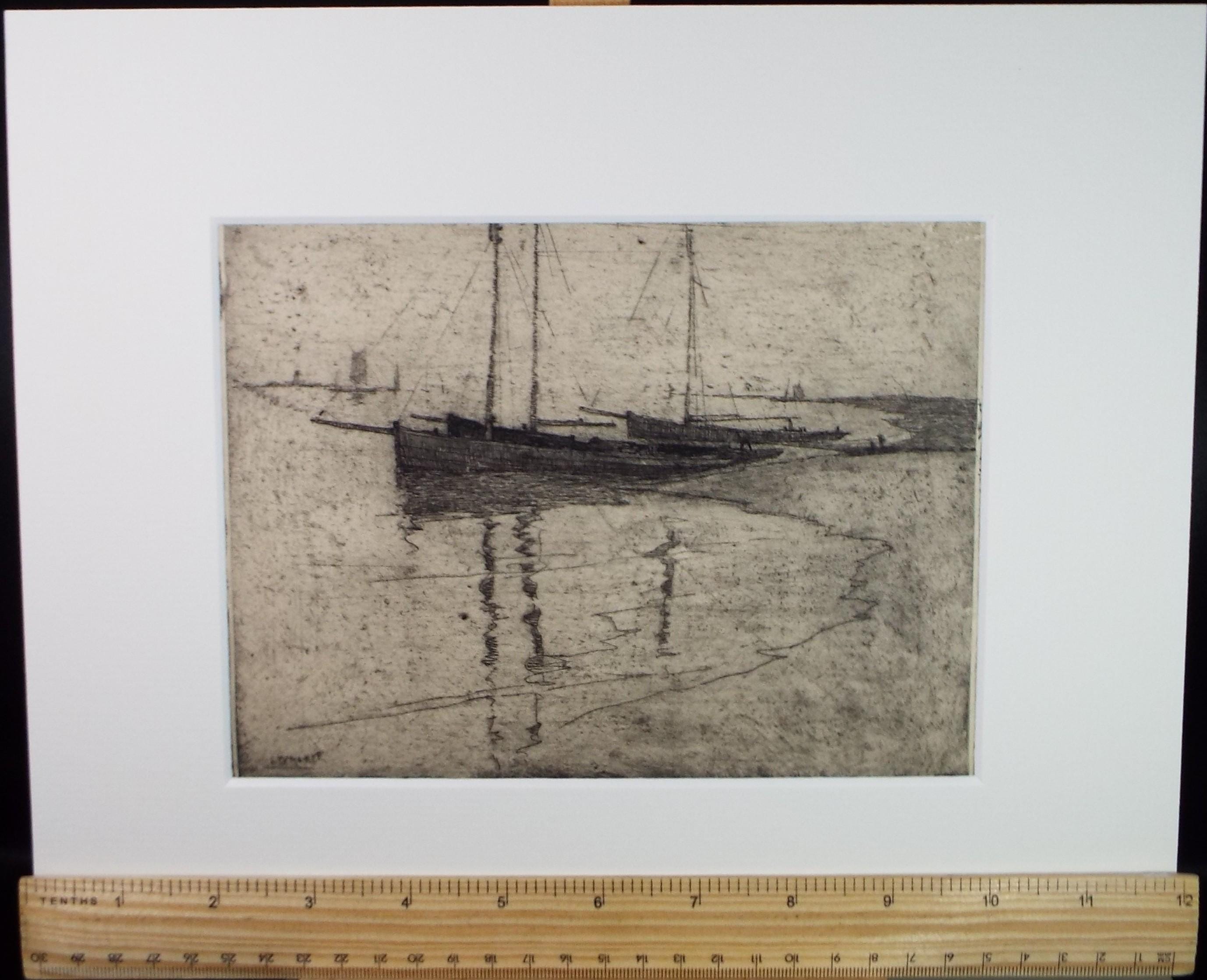 Hand Pressed Etching, 'Boats on the shore', Lawrence Walker (1877-1967), Circa 1920's