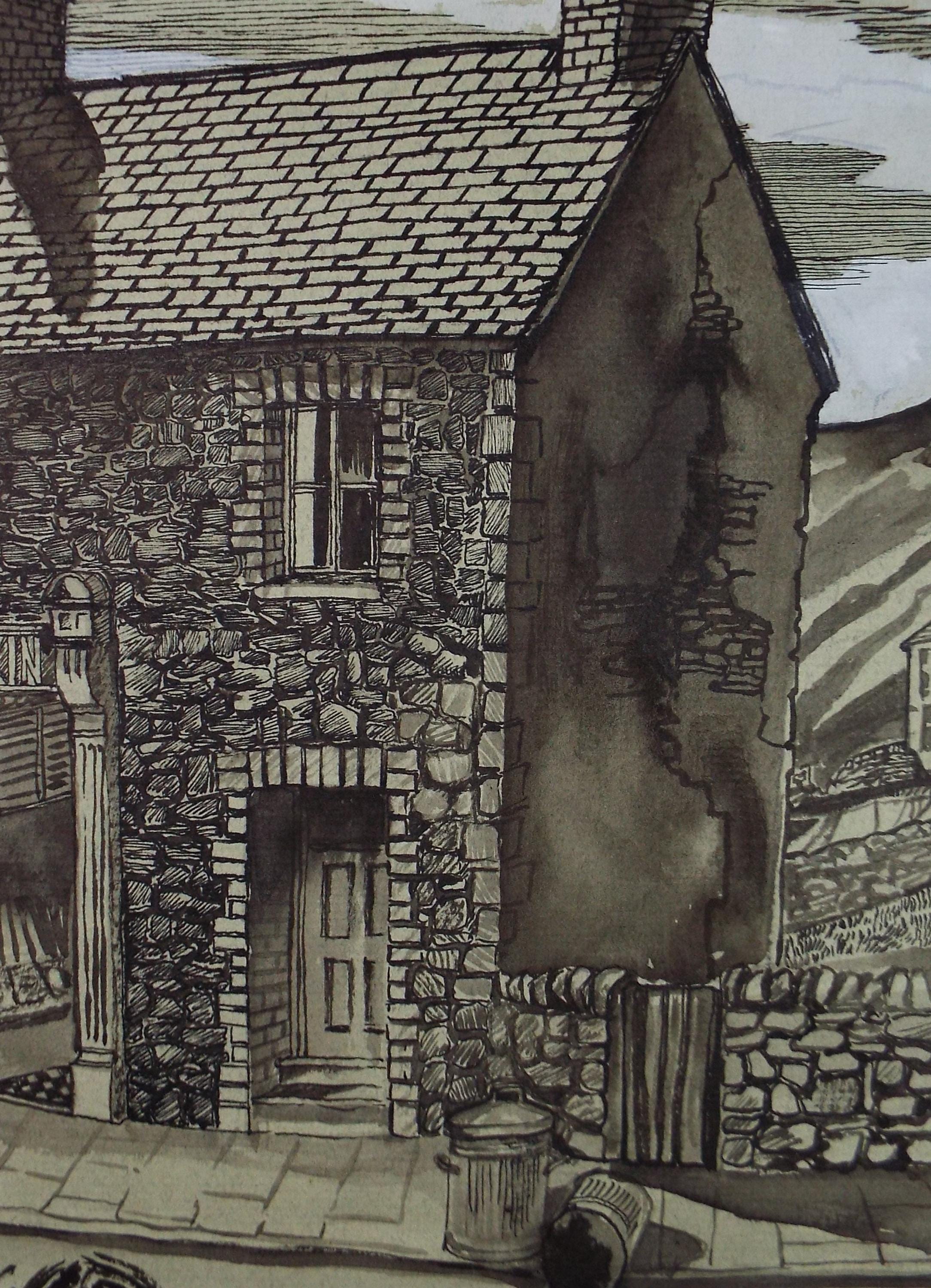 Original Pen & Ink drawing, 'Terraced House', L Abraham, Circa 1970's