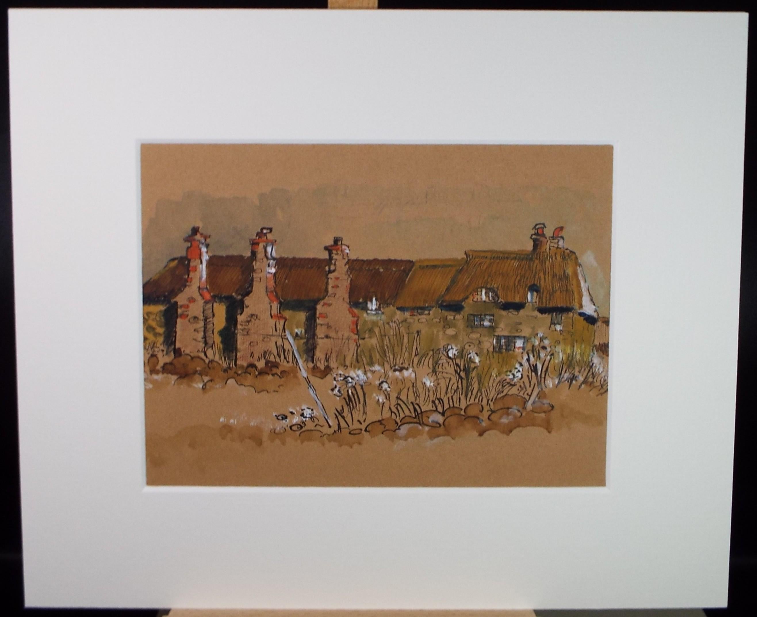 Original Watercolour on Paper, 'Row of Cottages', Circa 1970's, Artist Unknown